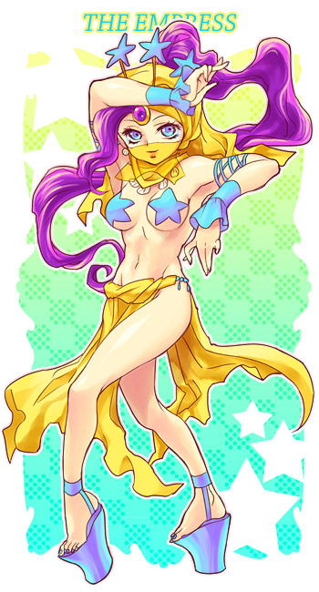 midler, jojo no kimyou na bouken, platform footwear, 1girl, armband, armpits, artistic error, bare shoulders, barefoot, blue nails, dancer, earrings, eyeshadow, feet, female focus, high heels, hood, jewelry, legs, long hair, makeup, midriff, nail polish, navel, purple eyes, purple hair, sandals, seashell, shell, shoes, skirt, smile, solo, star (symbol), toes, veil, wristband