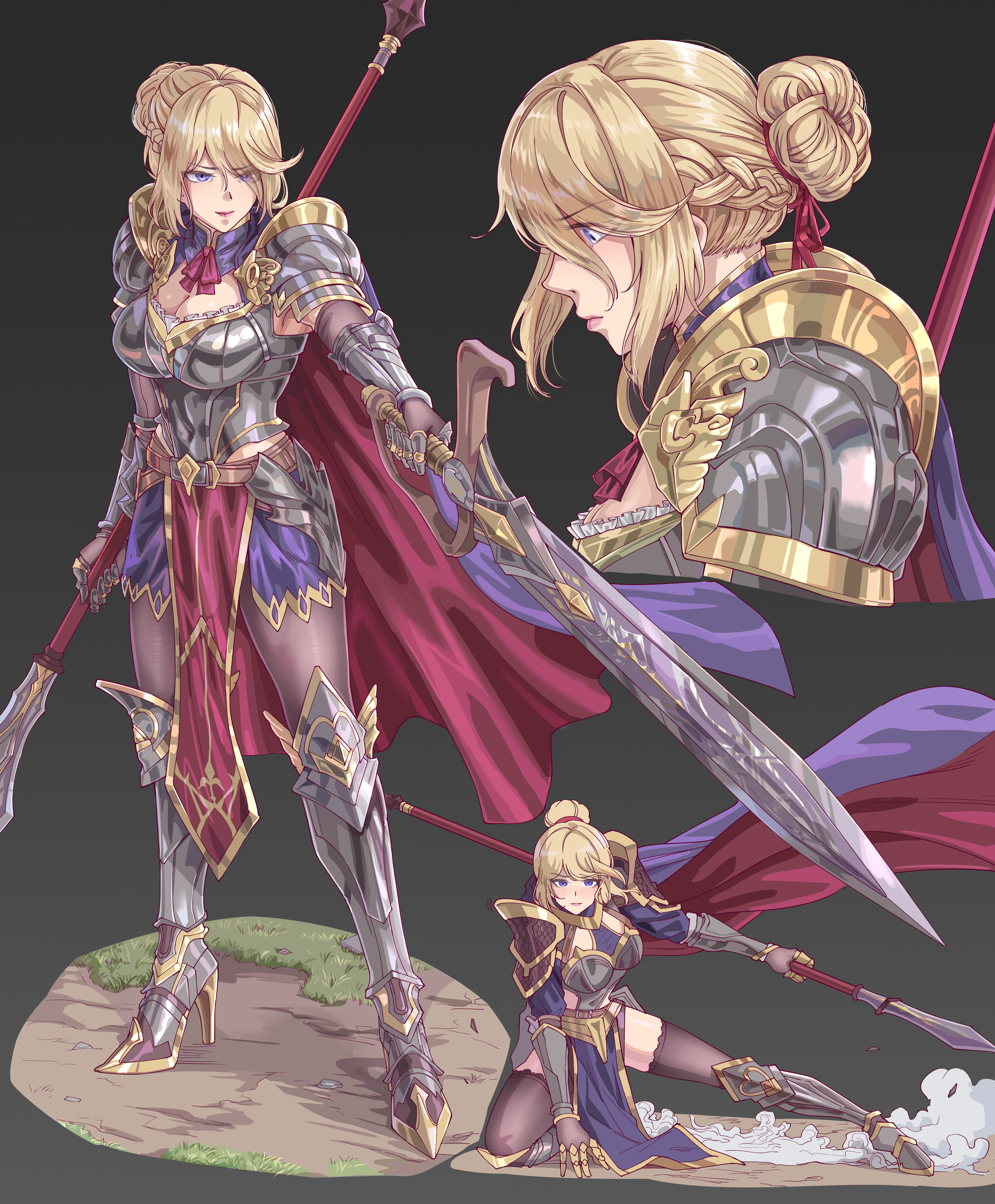 leveen, original, absurdres, highres, armor, armored boots, ascot, black gloves, black thighhighs, blonde hair, blue eyes, boots, braid, gauntlets, gloves, hair bun, hair ribbon, half up braid, holding, holding polearm, holding sword, holding weapon, knight, polearm, red ascot, ribbon, saber (weapon), shoulder armor, simple background, single hair bun, spear, sword, thighhighs, weapon