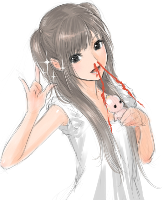sano toshihide, kewpie doll, macross, macross frontier, bad id, bad pixiv id, 1girl, black eyes, blood, brown hair, doll, female focus, looking at viewer, m/, nosebleed, parody, seikan hikou, short hair, simple background, solo, sparkle, twintails, white background