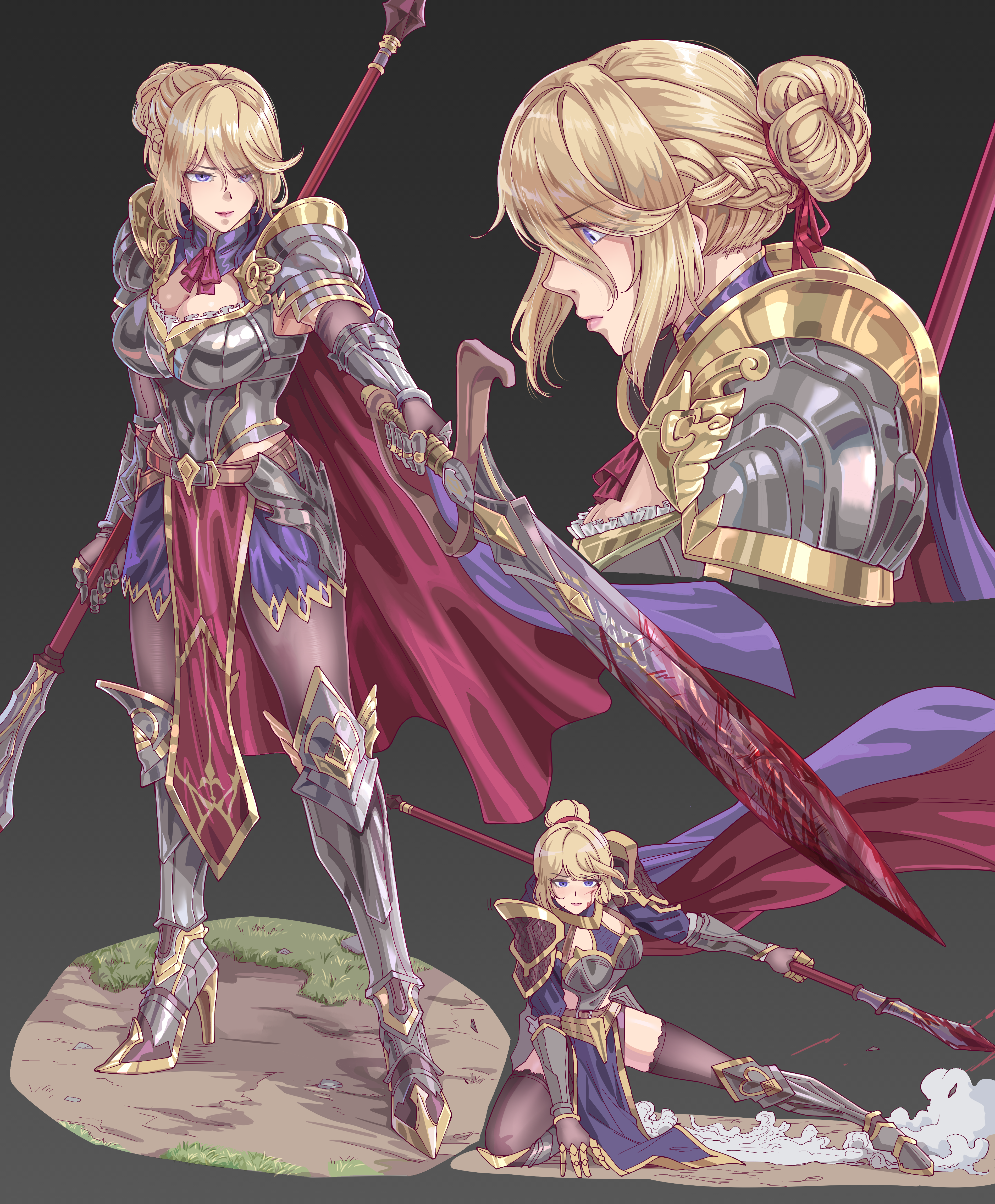 leveen, original, absurdres, highres, armor, armored boots, ascot, black gloves, black thighhighs, blonde hair, blue eyes, boots, braid, gauntlets, gloves, hair bun, hair ribbon, half up braid, holding, holding polearm, holding sword, holding weapon, knight, polearm, red ascot, ribbon, saber (weapon), shoulder armor, simple background, single hair bun, spear, sword, thighhighs, weapon
