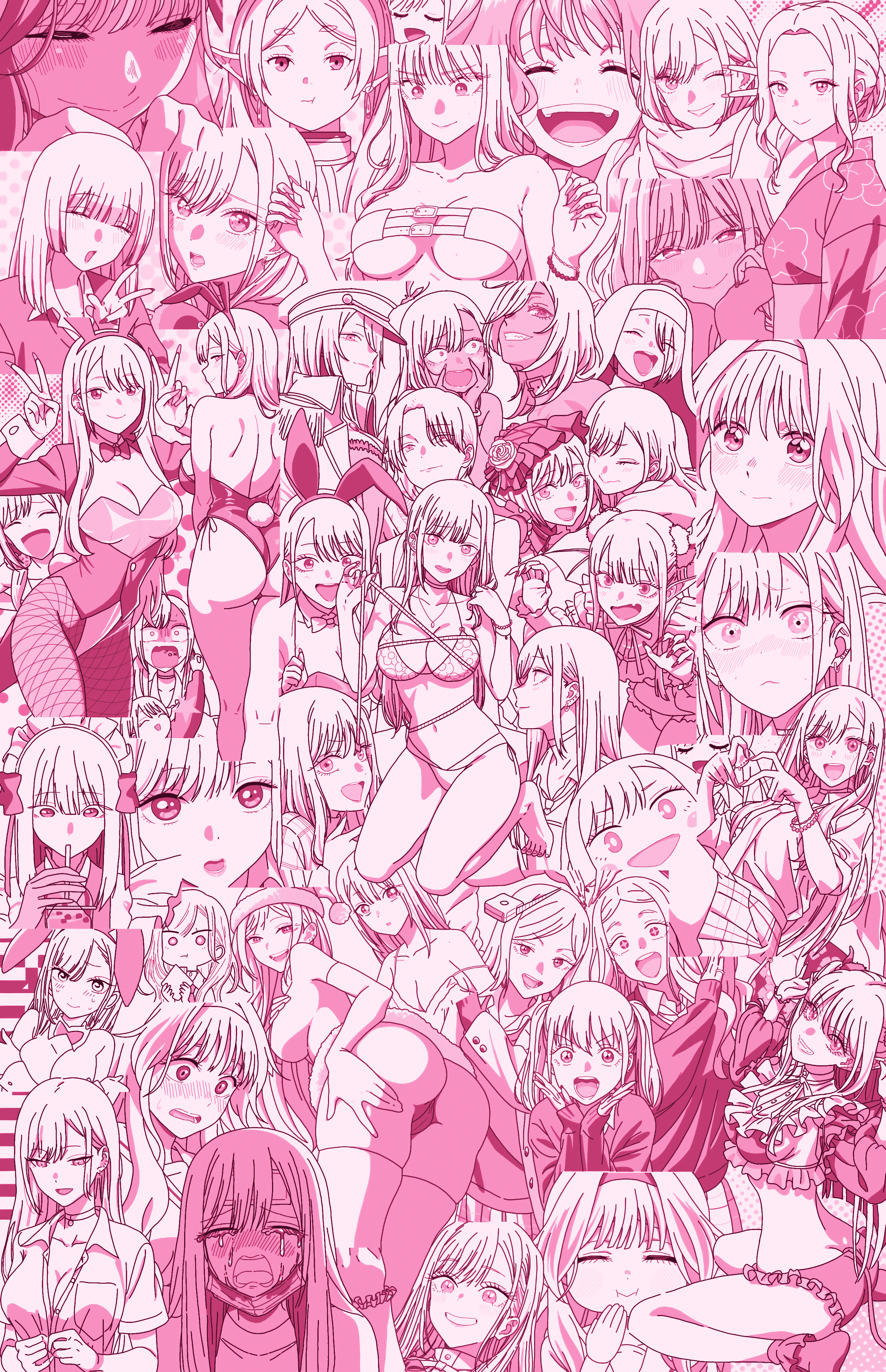 kasai seira, kitagawa marin, sugaya nowa, waguri kaoruko, yamauchi rune, absurdres, check copyright, copyright request, highres, ass, ass focus, bikini, blush, breasts, cleavage, flustered, japanese clothes, kimono, lingerie, looking at viewer, maid headdress, multiple girls, playboy bunny, sailor collar, swimsuit, tears, tongue, tongue out, underwear, wistfulwaffles