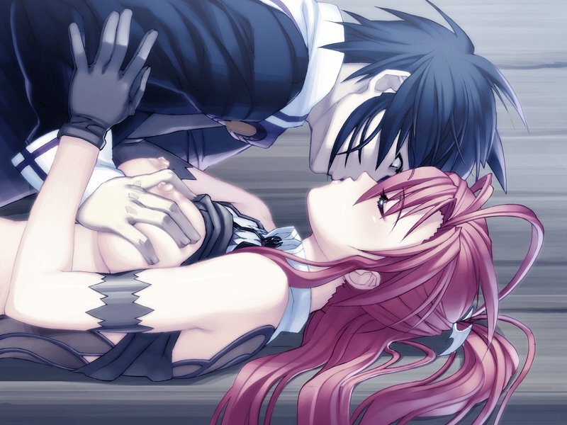nishii (damnedrive), ignis (jingai makyou), katsuki kumon, kumon katsuki, jingai makyou, nitroplus, game cg, non-web source, 1boy, 1girl, armband, bench, black hair, breasts, closed eyes, clothes lift, couple, gloves, grabbing another's breast, groping, hetero, kiss, long hair, lying, no bra, pink hair, shirt lift