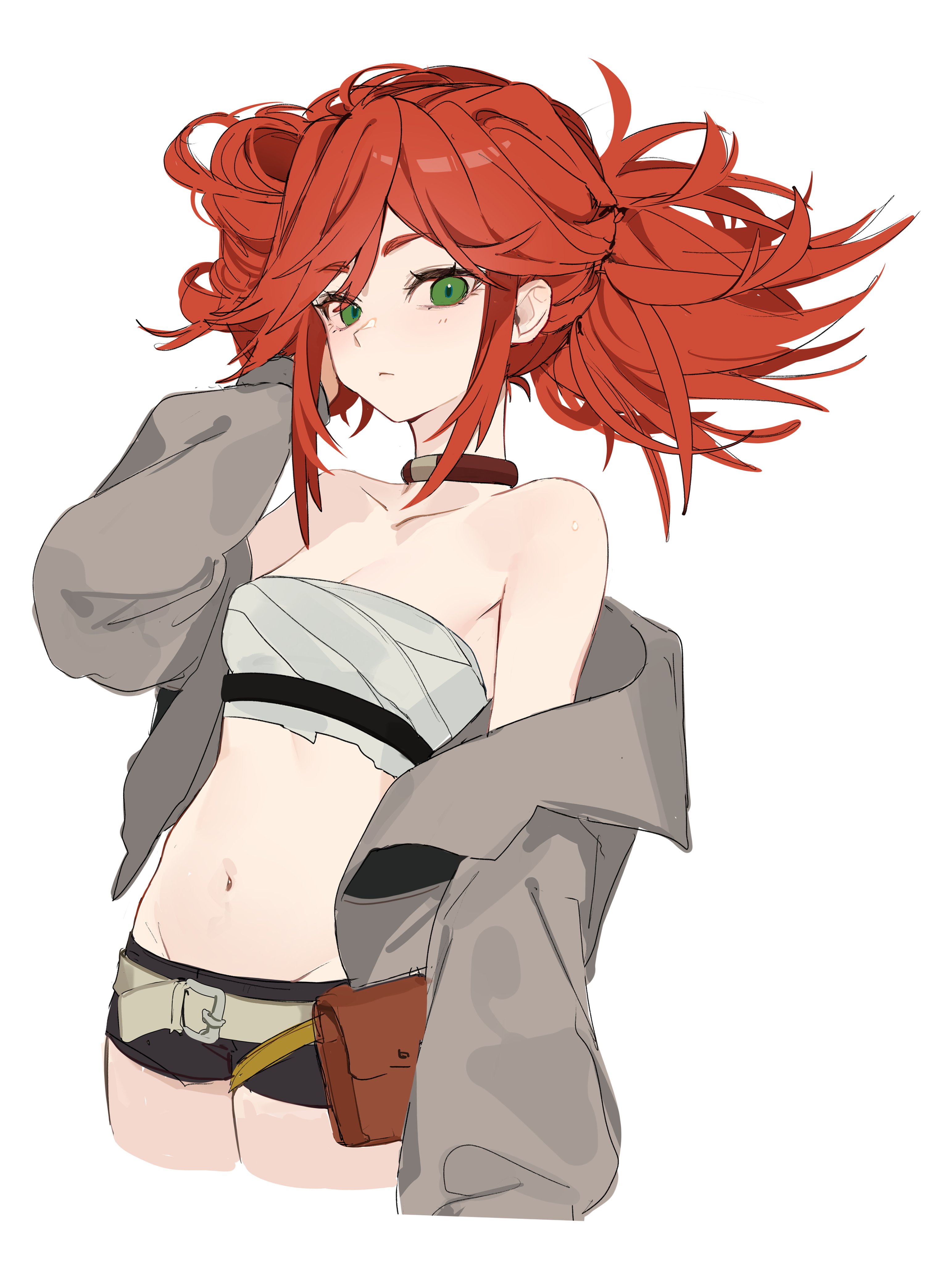 iomaaki, riyo reaper, gachiakuta, absurdres, hashtag-only commentary, highres, 1girl, bandeau, bare shoulders, belt, belt pouch, black shorts, breasts, choker, cropped legs, expressionless, green eyes, grey jacket, hand up, jacket, long hair, long sleeves, looking at viewer, micro shorts, midriff, navel, off shoulder, pouch, red choker, red hair, shorts, simple background, small breasts, solo, stomach, strapless, tube top, twintails, white background, white bandeau