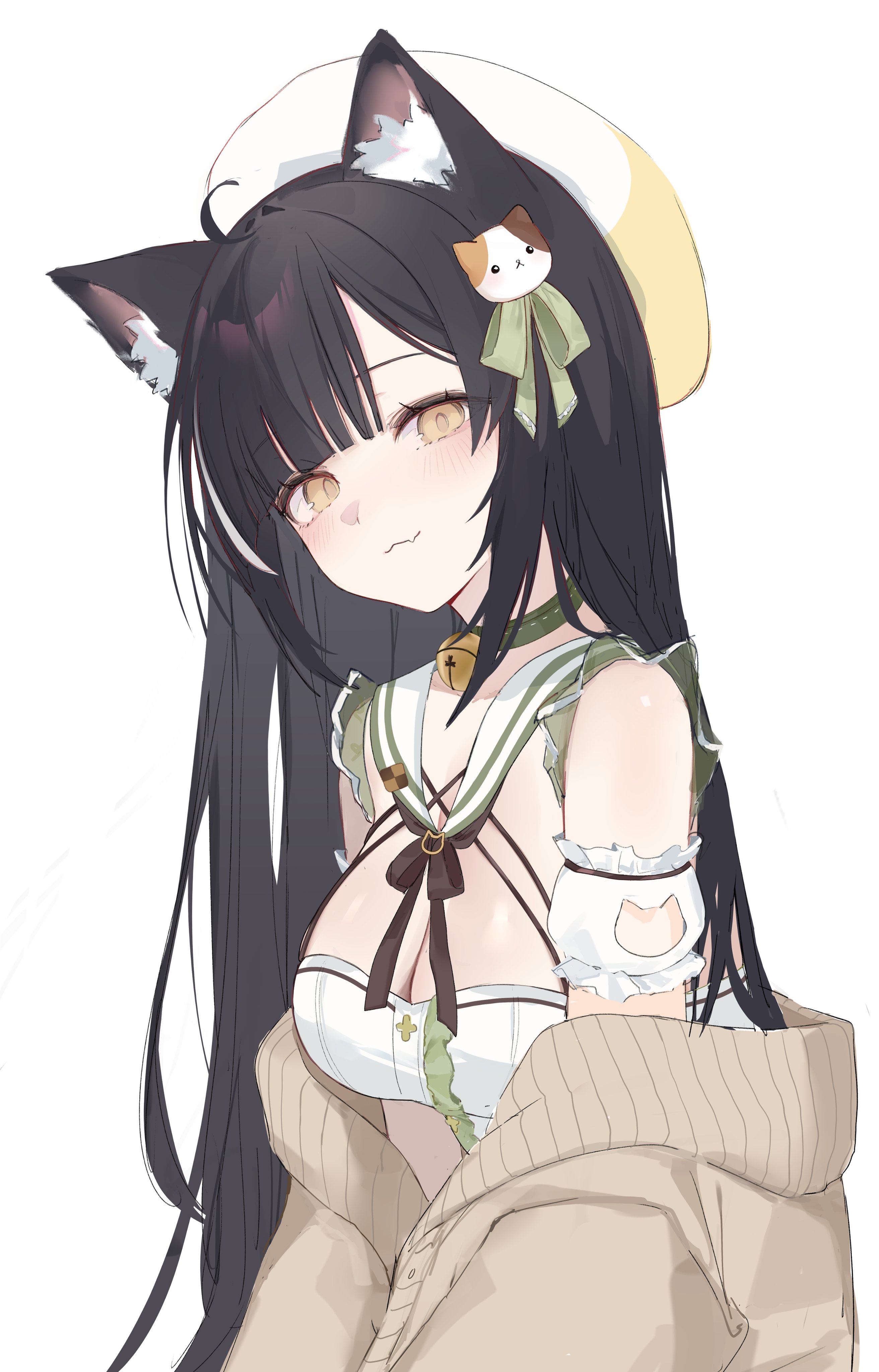 iomaaki, indie virtual youtuber, absurdres, commentary, highres, 1girl, :3, ahoge, animal ears, bare shoulders, bell, black hair, breasts, brown cardigan, cardigan, cat ears, choker, cleavage, closed mouth, detached collar, detached sleeves, green choker, hair ribbon, hat, jingle bell, liljuju, long hair, looking at viewer, medium breasts, off shoulder, ribbon, sailor collar, shirt, short sleeves, simple background, sleeveless, sleeveless shirt, smile, solo, upper body, virtual youtuber, white background, white hat, white sailor collar, white shirt, yellow eyes