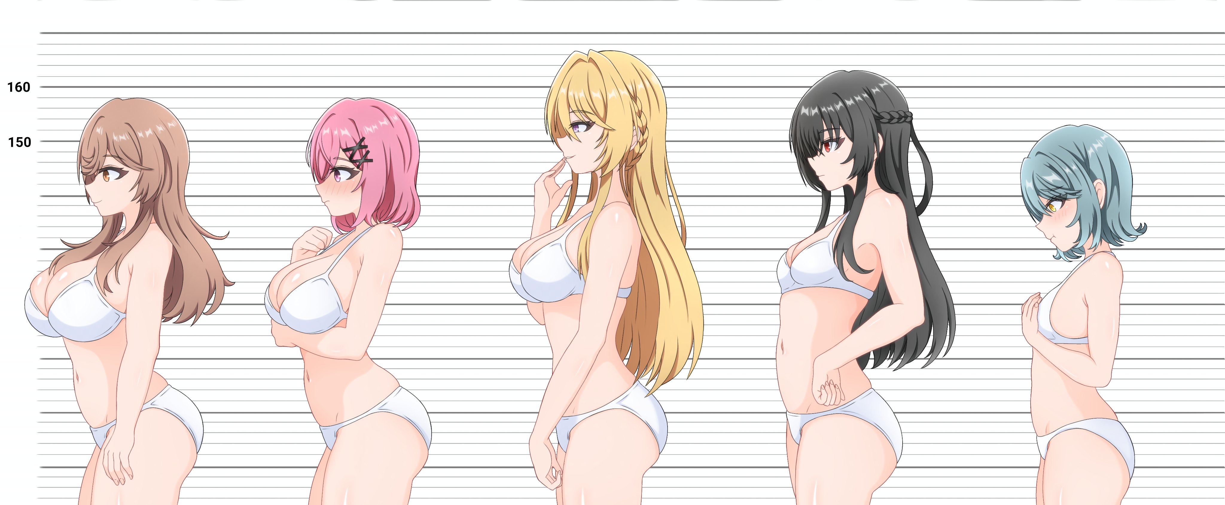 seizayukio, amaori renako, koto satsuki, koyanagi kaho, ouzuka mai, sena ajisai, watashi ga koibito ni nareru wake naijan murimuri!, 5girls, bikini, black hair, blue hair, braid, breasts, brown eyes, brown hair, bust chart, cleavage, female focus, lineup, long hair, multiple girls, navel, numbered, pink hair, sideboob, small breasts, swimsuit, white bikini, yellow eyes
