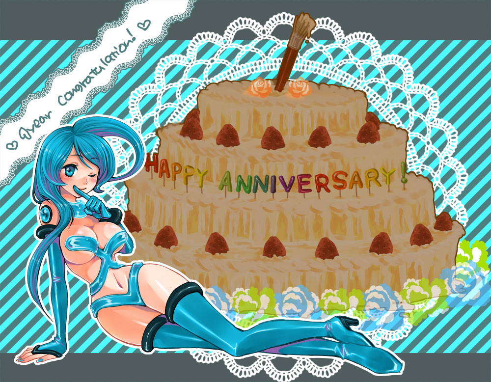 doku ta pepa, doku ta pepperko, pixiv-tan, pixiv, bad id, bad pixiv id, 1girl, birthday, blue boots, blue hair, blue nails, boots, breasts, cake, cleavage, elbow gloves, female focus, fingernails, food, gloves, medium breasts, nail (hardware), nail polish, navel, one eye closed, pastry, rainbow text, revealing clothes, solo, thigh boots, thighhighs, wink