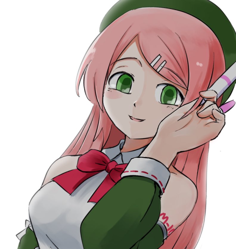 saruyama ushirou, momone momo, utau, 1girl, beret, bow, bowtie, collared shirt, detached sleeves, empty eyes, green eyes, hair ornament, hairclip, hand up, hat, long hair, long sleeves, looking at viewer, open mouth, pink eyes, robot ears, shirt, sleeveless, sleeveless shirt, smile, solo