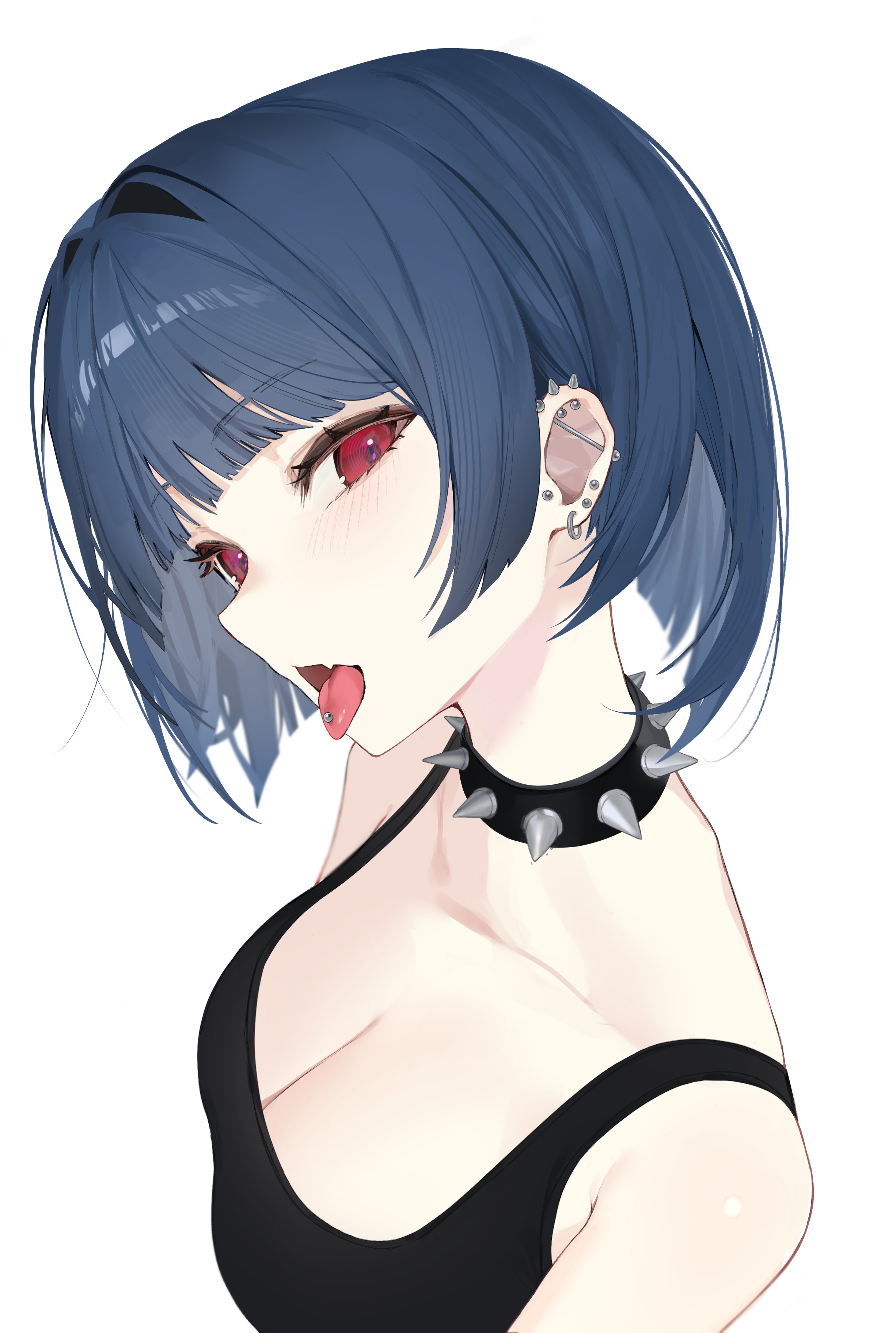 iomaaki, original, absurdres, highres, 1girl, bare shoulders, black choker, black shirt, blue hair, breasts, choker, cleavage, ear piercing, earrings, fang, jewelry, large breasts, looking at viewer, open mouth, piercing, red eyes, shirt, short hair, sleeveless, sleeveless shirt, spiked choker, spikes, tongue, tongue out, tongue piercing, upper body