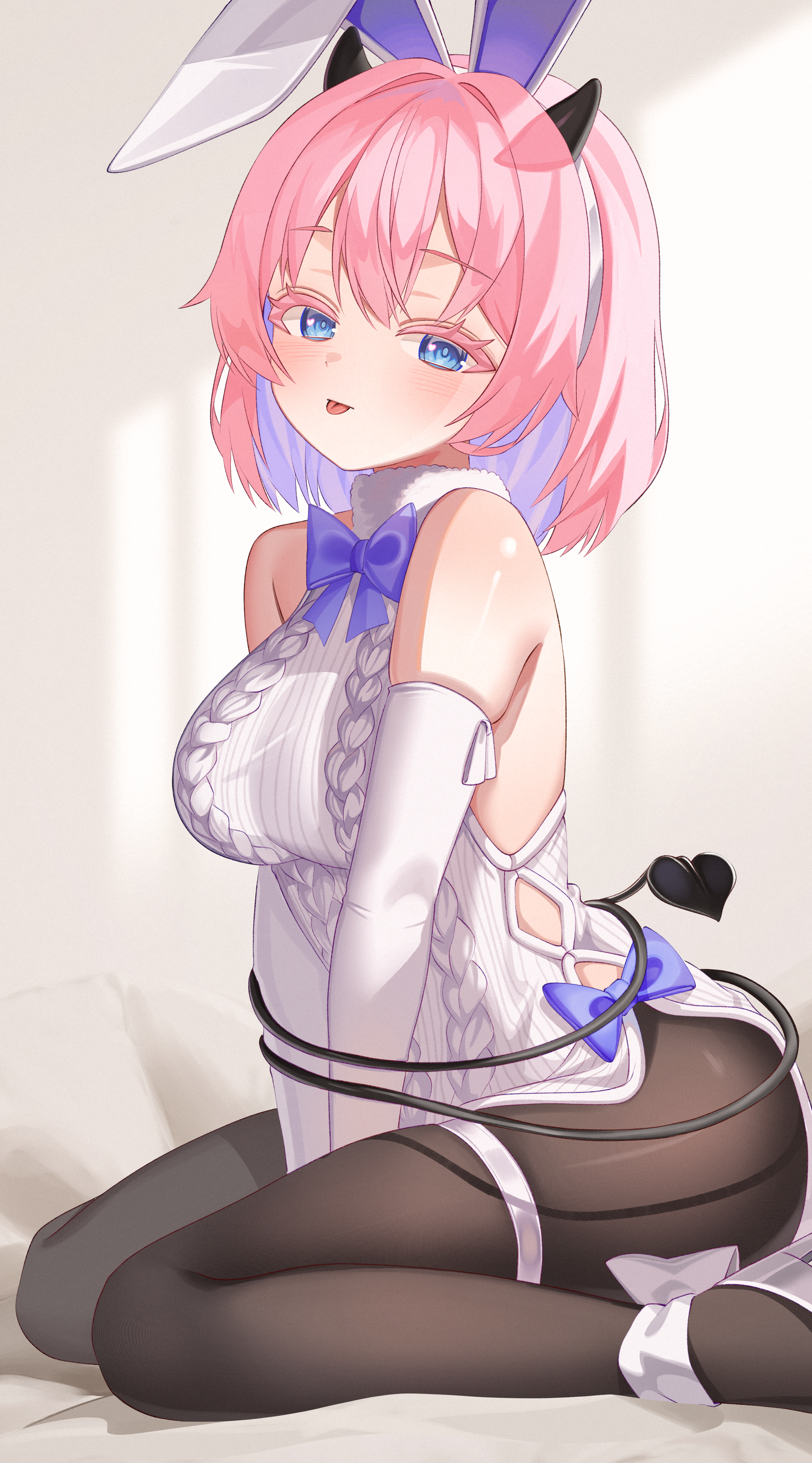 gimseol, original, absurdres, commission, highres, second-party source, 1girl, animal ears, bare shoulders, between legs, blue eyes, bow, bowtie, brown pantyhose, cable knit, colored eyelashes, demon tail, dress, elbow gloves, fake animal ears, gloves, hairband, hand between legs, horns, looking at viewer, multicolored hair, pantyhose, pink hair, rabbit ears, ribbed dress, short hair, sleeveless, sleeveless dress, solo, tail, tail around own waist, thigh strap, tongue, tongue out, two-tone hair, white dress, white gloves, white hairband
