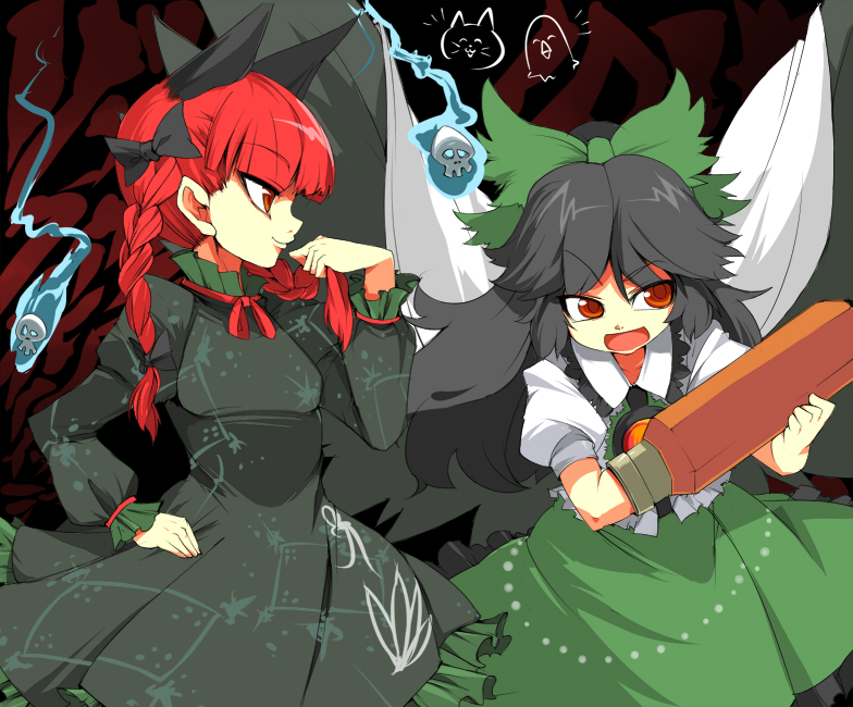 ario, kaenbyou rin, reiuji utsuho, touhou, 2girls, animal ears, black hair, cat ears, cat girl, dress, female focus, long hair, multiple girls, red hair, ribbon, skirt, twintails