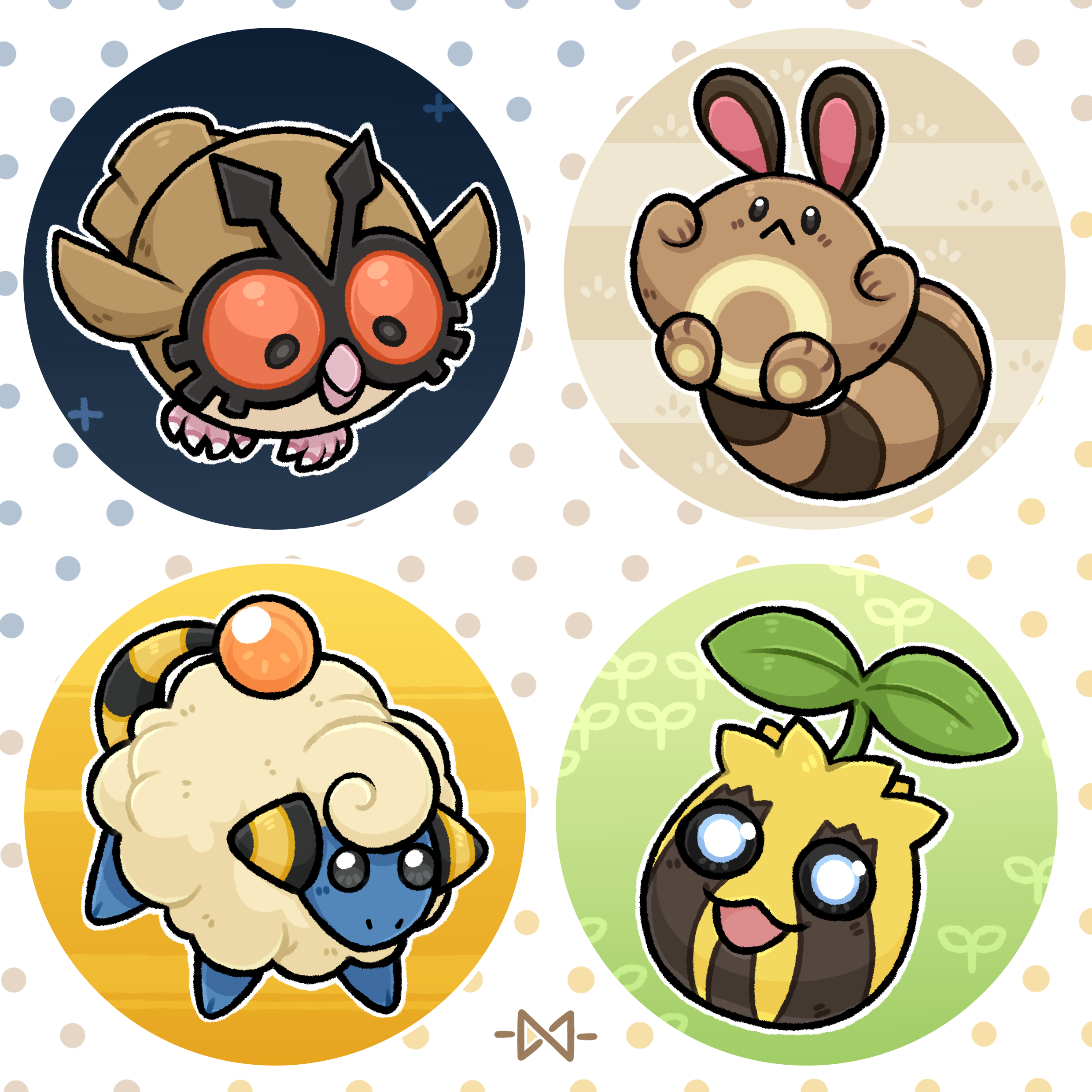 joris habraken, hoothoot, mareep, sentret, sunkern, nintendo, pokemon, absurdres, highres, brown fur, gen 2 pokemon, no humans, open mouth, pokemon (creature), red eyes, tail, two-tone fur, wool