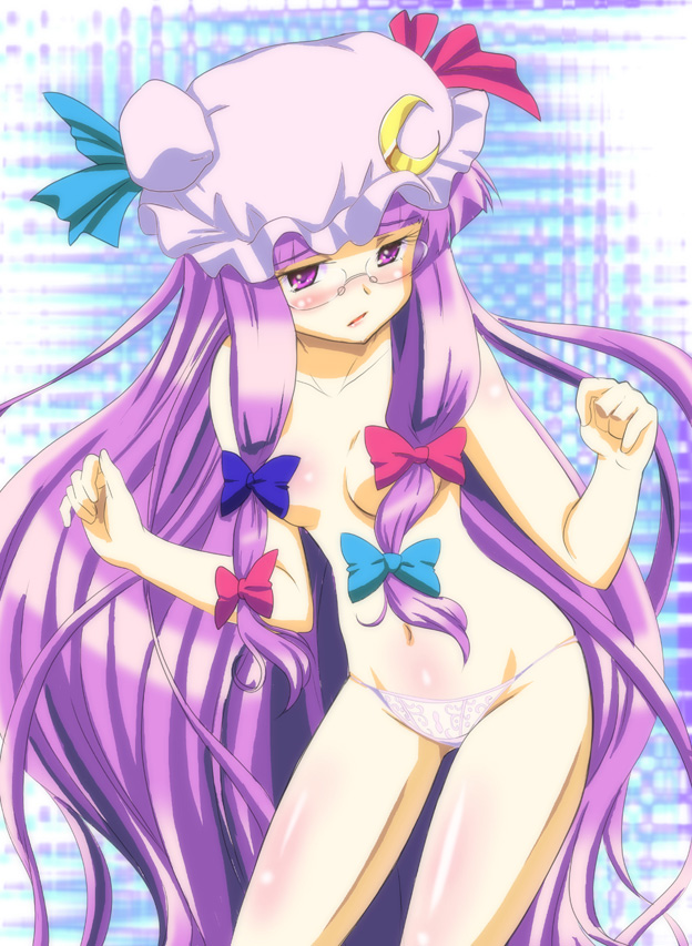 mukai, patchouli knowledge, touhou, 1girl, bespectacled, bow, female focus, glasses, hat, lingerie, long hair, nude, panties, pink bow, purple hair, ribbon, solo, topless female, underwear