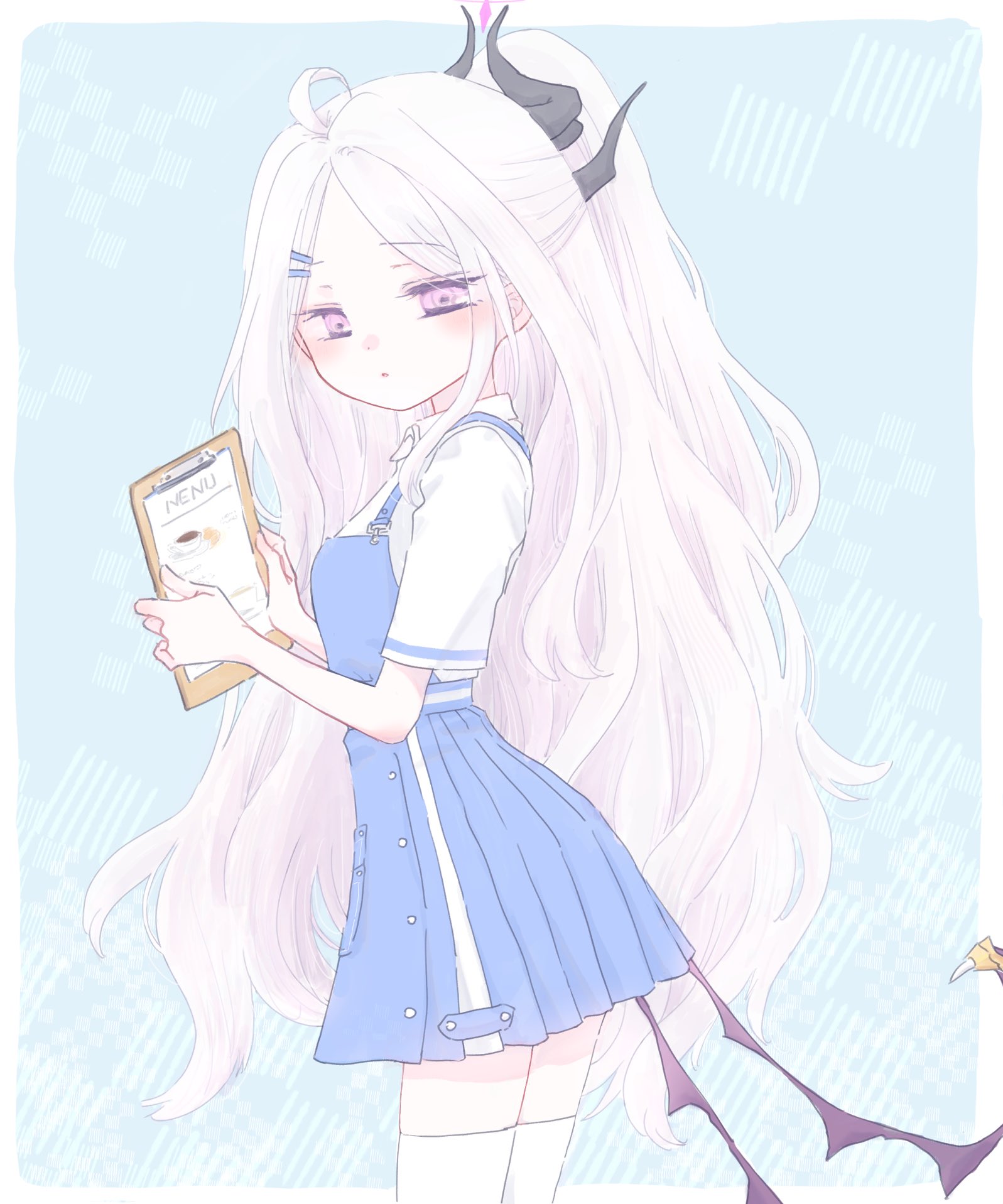 takahisayuki, hina (blue archive), blue archive, highres, 1girl, ahoge, apron, blue apron, breasts, demon girl, demon horns, demon wings, halo, horns, long hair, looking at viewer, low wings, purple eyes, small breasts, solo, very long hair, white hair, wings