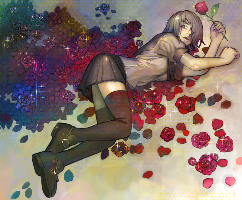 shitara kiyoto, original, bad id, bad pixiv id, 1girl, breasts, brown hair, female focus, flower, full body, lying, plant, rose, school uniform, serafuku, shitara kyoto, shoes, short hair, skirt, solo, thighhighs