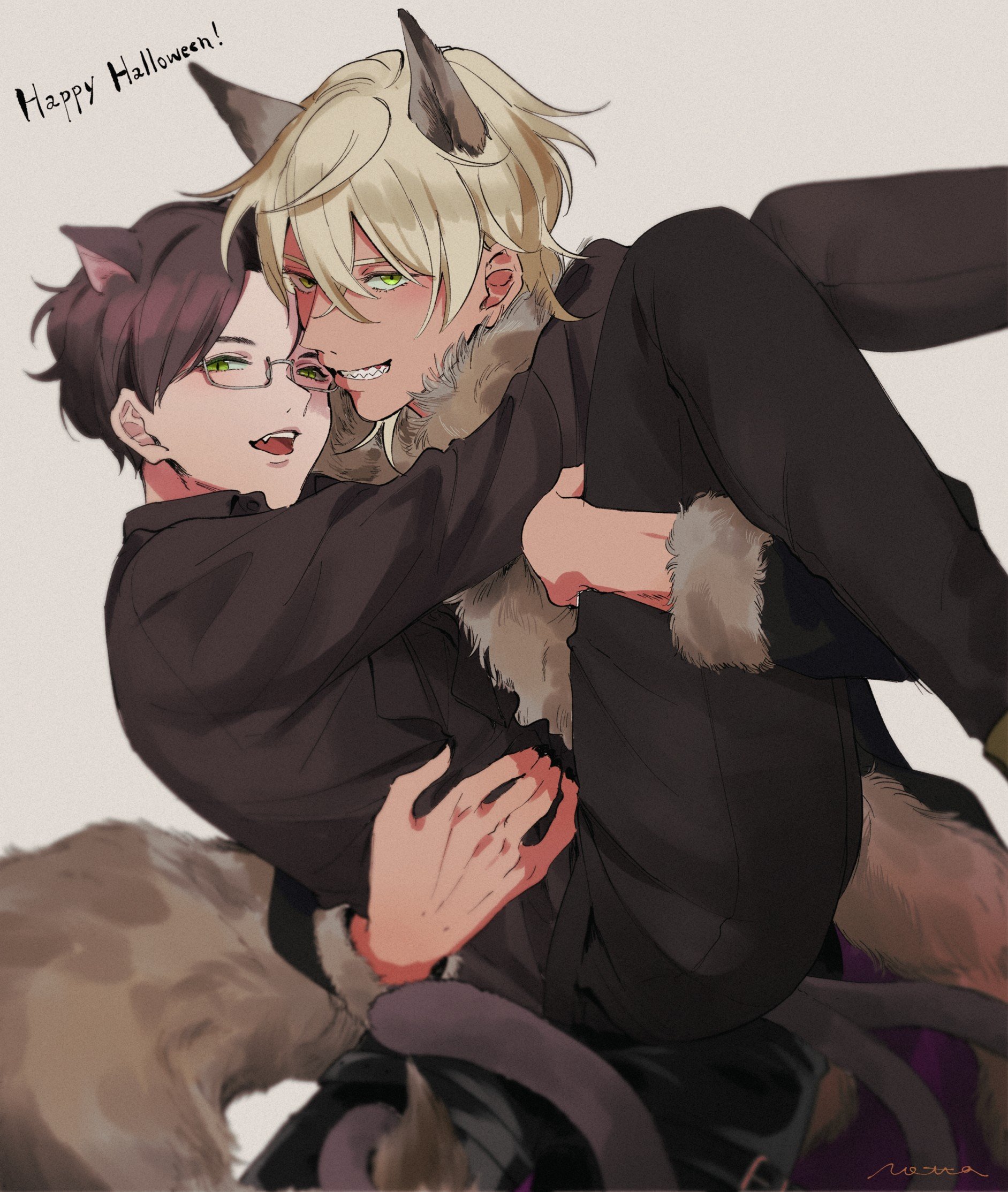 akutsu mabu, niiboshi reo, sarazanmai, highres, 2boys, animal ears, black jacket, black pants, blonde hair, brown hair, carrying, cat ears, fang, glasses, green eyes, grey background, happy halloween, hug, jacket, kemonomimi mode, long sleeves, male focus, multiple boys, open mouth, pants, princess carry, rectangular eyewear, shaaark rotta03, sharp teeth, short hair, teeth, wolf ears