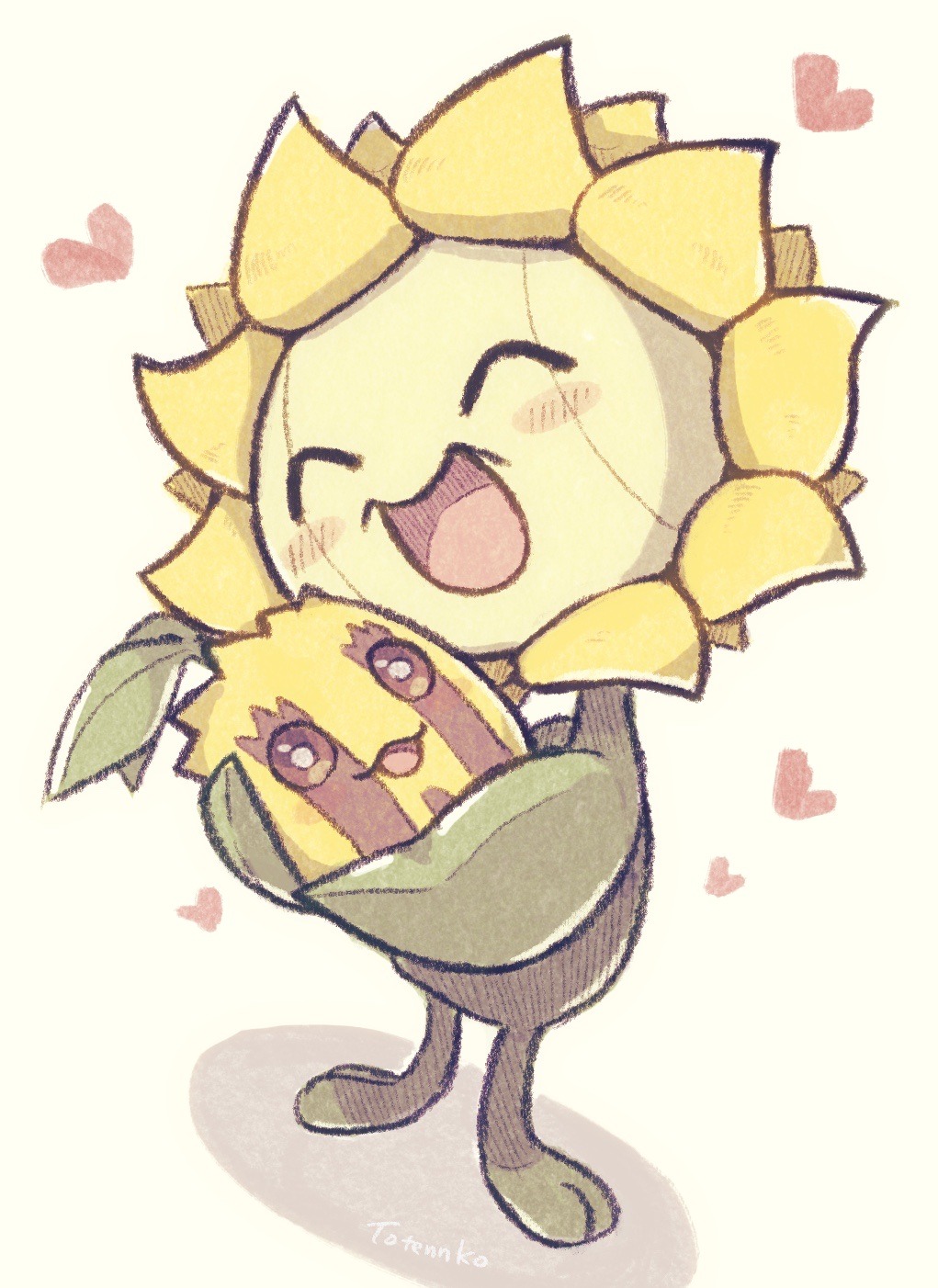 totennko, sunflora, sunkern, nintendo, pokemon, highres, artist name, blush, closed eyes, evolutionary line, gen 2 pokemon, heart, no humans, open mouth, pokemon (creature), white background