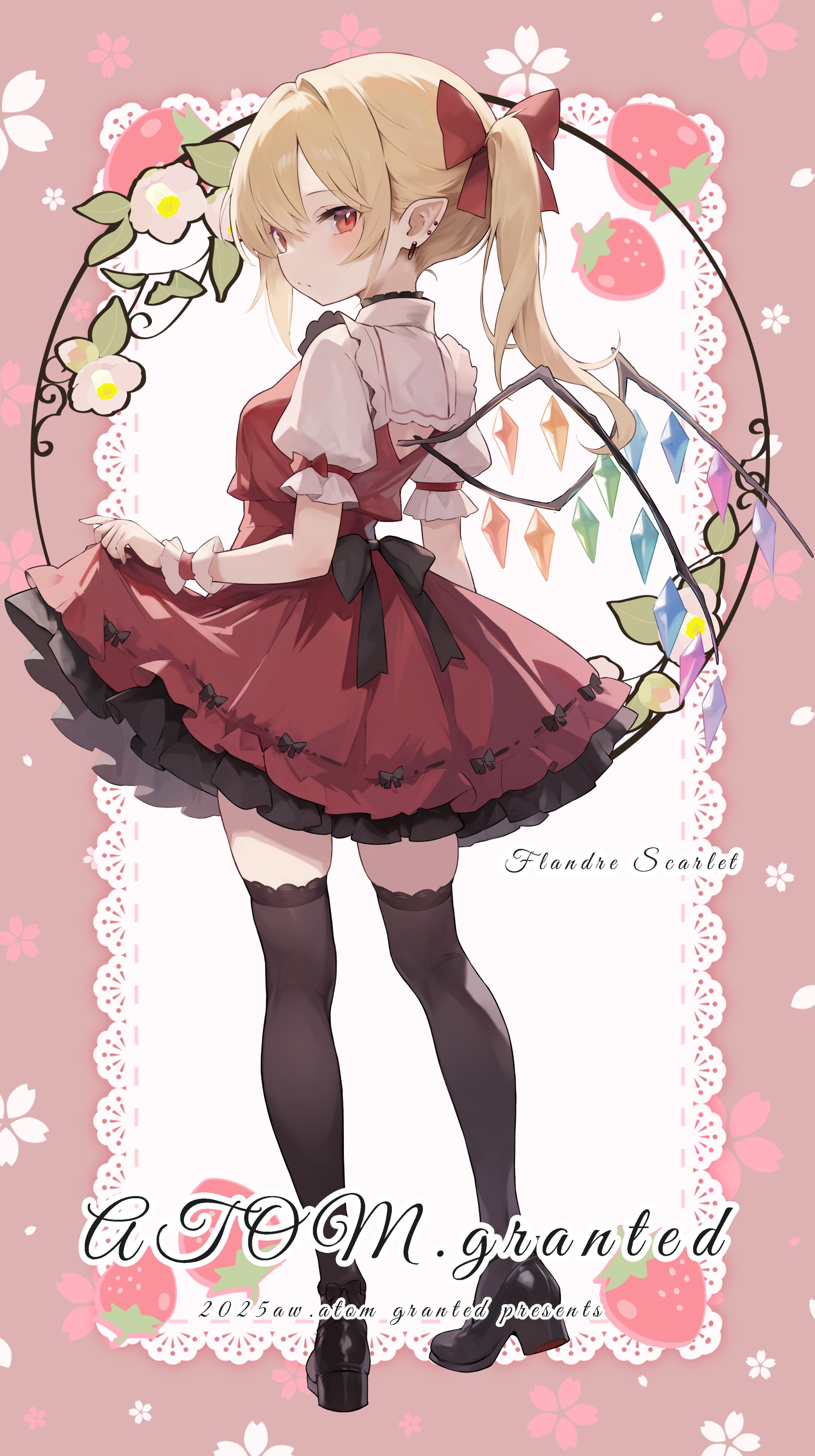tetsurou (fe+), flandre scarlet, touhou, absurdres, highres, 1girl, black thighhighs, blonde hair, full body, looking at viewer, puffy short sleeves, puffy sleeves, red eyes, red skirt, shoes, short sleeves, skirt, solo, thighhighs, wings, zettai ryouiki