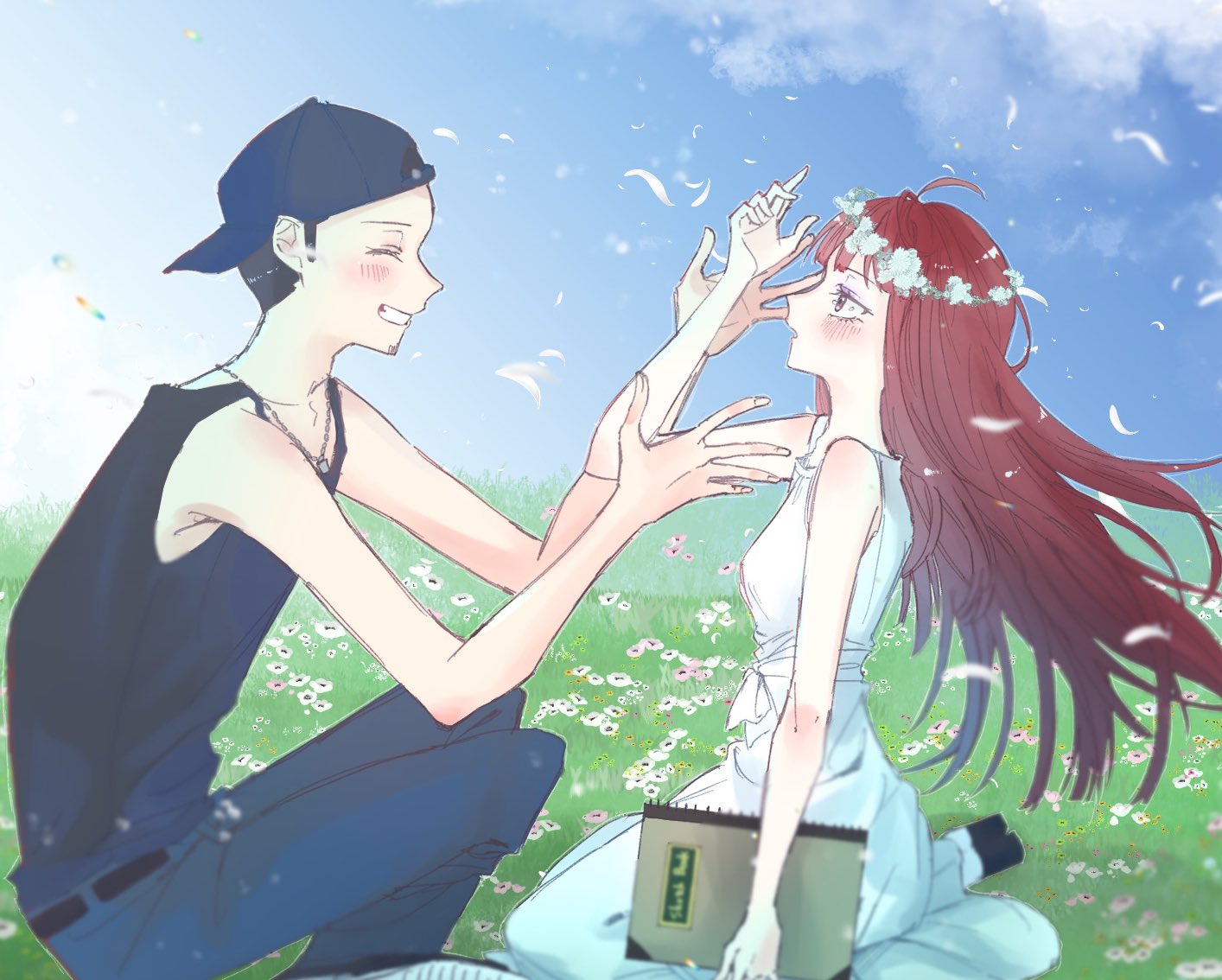 sakizome1001, iori junpei, yoshino chidori, persona, persona 3, commentary request, 1boy, 1girl, ahoge, backwards hat, baseball cap, black tank top, blue hat, blue pants, blunt bangs, blush, brown eyes, buzz cut, closed eyes, cloud, cloudy sky, day, denim, dress, facing another, feathers, field, floating hair, flower, flower field, from side, grass, hand up, hands up, hat, head wreath, hetero, holding, holding sketchbook, jeans, long hair, looking up, on grass, outdoors, outstretched arms, pants, parted lips, profile, red hair, short hair, silver chain, sitting, sketchbook, sky, sleeveless, sleeveless dress, smile, tank top, very short hair, white dress, white feathers, white flower, wind, yokozuwari
