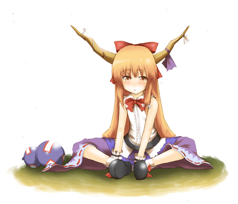sutagu, ibuki suika, touhou, 1girl, brown hair, child, female focus, horns, long hair, ribbon, sitting, solo, white background