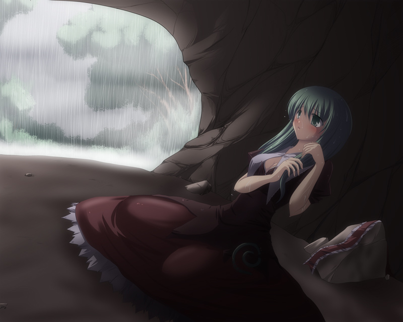 subaru noji, kagiyama hina, touhou, 1girl, cloud, female focus, green hair, long hair, plant, rain, sitting, sky, solo, tree