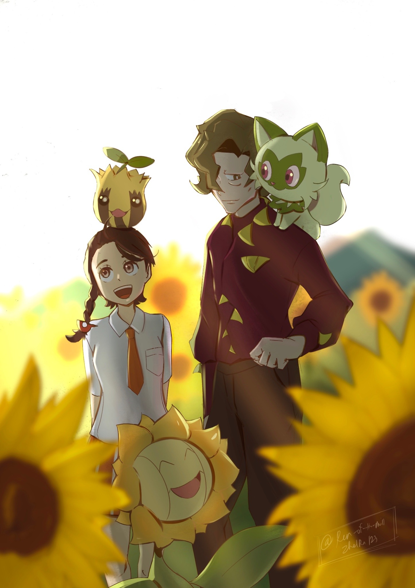 brassius (pokemon), juliana (pokemon), sprigatito, sunflora, sunkern, nintendo, pokemon, pokemon sv, highres, 1boy, 1girl, artist name, brown eyes, brown hair, brown pants, collared shirt, flower, gen 2 pokemon, green eyes, green hair, necktie, open mouth, orange necktie, outdoors, pants, pokemon (creature), shirt, sunflower, teeth, upper teeth only, white shirt, zheru-123