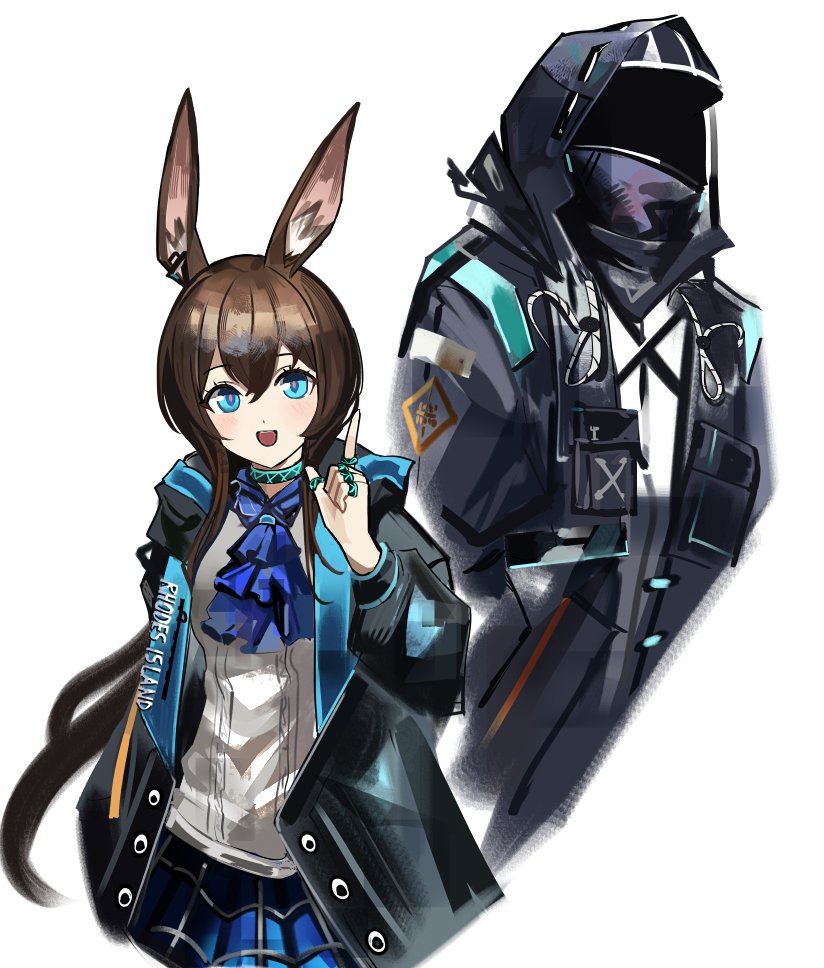 amiya (arknights), doctor (arknights), arknights, 1girl, 1other, ambiguous gender, animal ears, ascot, black jacket, blue ascot, blue eyes, blue skirt, brown hair, hood, hood up, hooded jacket, hoyeonbns, index finger raised, jacket, jewelry, long hair, looking at viewer, mask, multiple rings, open clothes, open jacket, rabbit ears, rabbit girl, ring, shirt, simple background, skirt, white background, white shirt