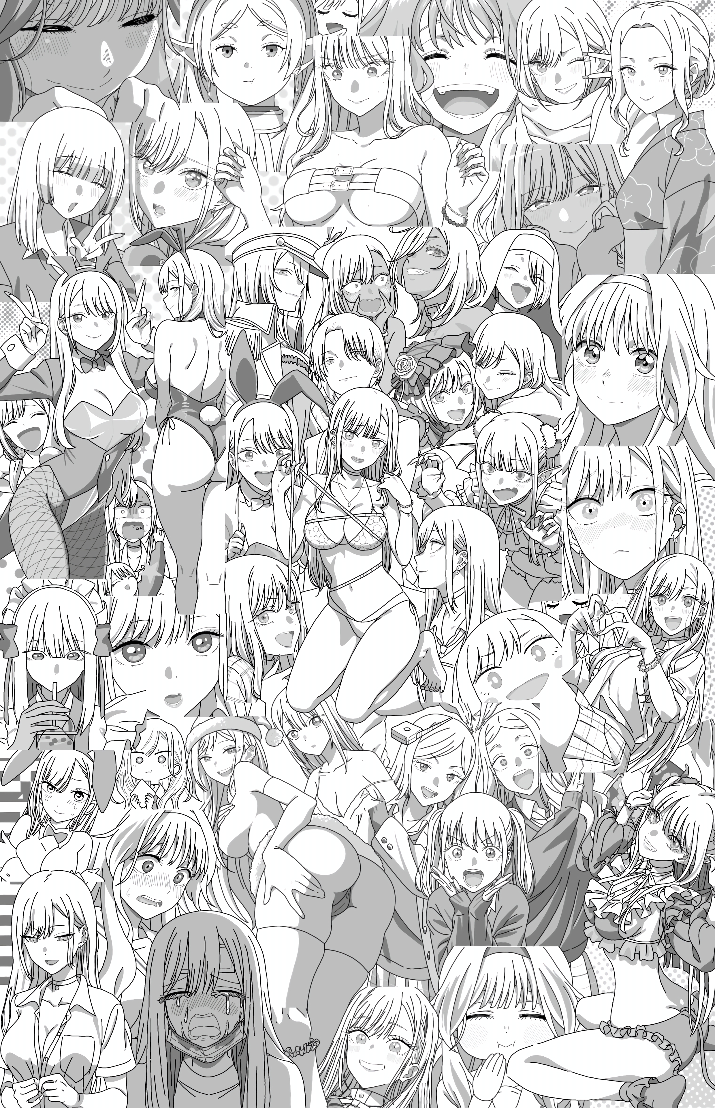 kasai seira, kitagawa marin, sugaya nowa, waguri kaoruko, yamauchi rune, absurdres, check copyright, copyright request, highres, ass, ass focus, bikini, blush, breasts, cleavage, flustered, japanese clothes, kimono, lingerie, looking at viewer, maid headdress, multiple girls, playboy bunny, sailor collar, swimsuit, tears, tongue, tongue out, underwear, wistfulwaffles