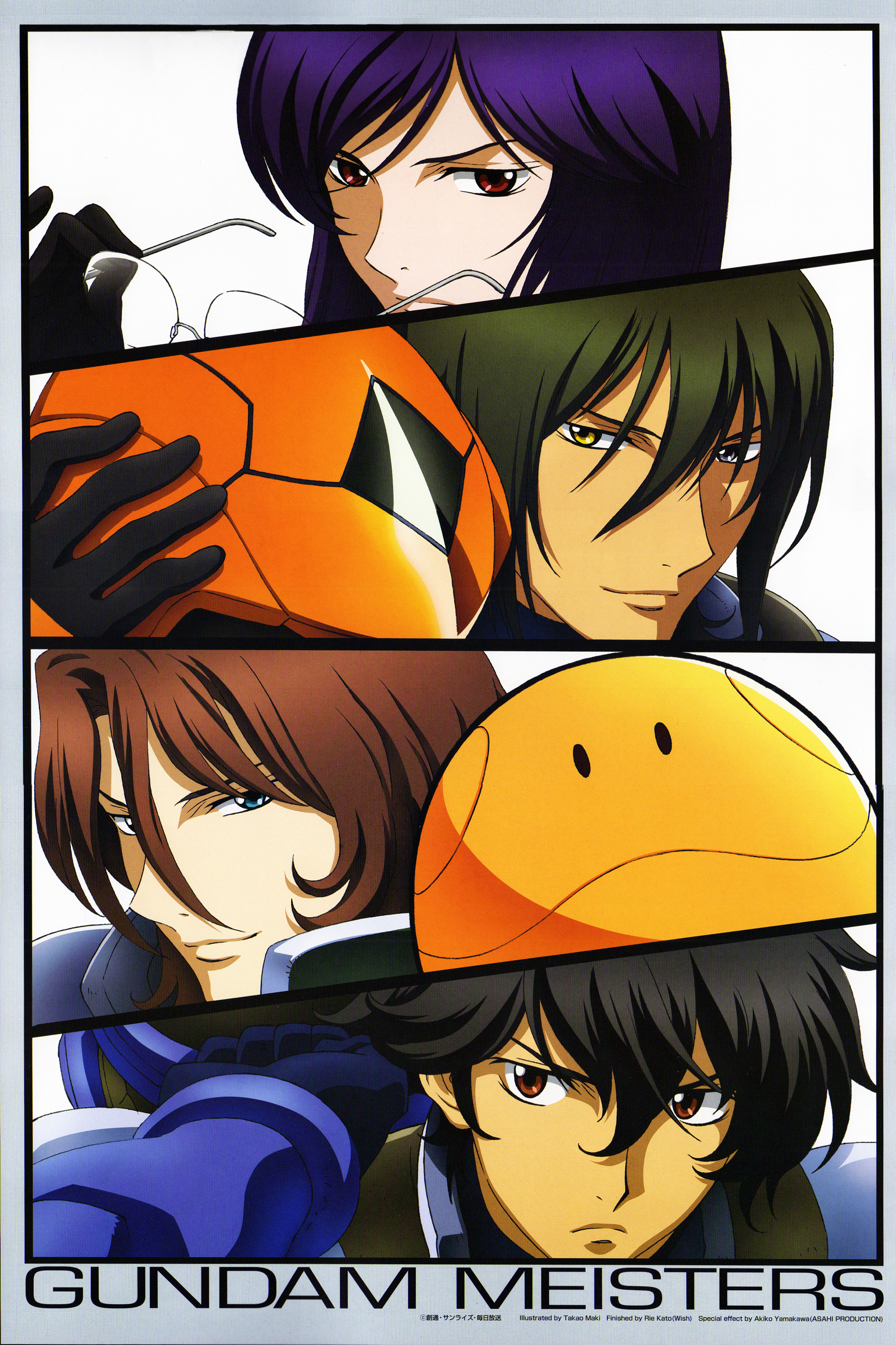 allelujah haptism, haro, lockon stratos, lyle dylandy, setsuna f. seiei, tieria erde, gundam, gundam 00, absurdres, highres, scan, 00s, 4boys, male focus, multiple boys
