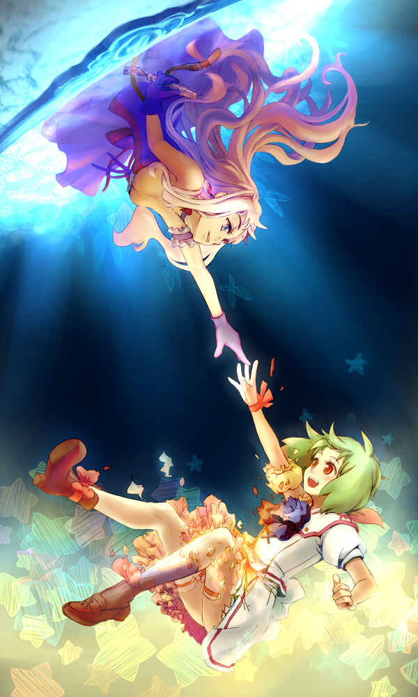 hiz, ranka lee, sheryl nome, macross, macross frontier, bad id, bad pixiv id, 00s, 2girls, ass, blonde hair, blue eyes, bug, butterfly, corset, dress, earrings, female focus, gloves, green hair, jewelry, long hair, microphone, mirror, multiple girls, red eyes, school uniform, serafuku, short hair, smile, star (symbol)
