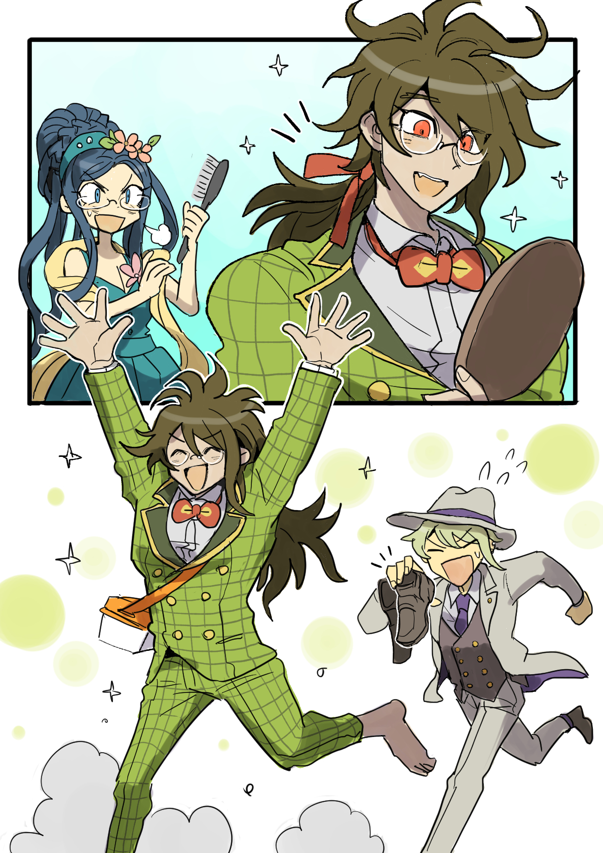 kumakoro (tetsupag), amami rantaro, gokuhara gonta, shirogane tsumugi, danganronpa (series), danganronpa v3: killing harmony, highres, 1girl, 2boys, :d, barefoot, blue hair, blush, bow, bowtie, breasts, brown jacket, brown pants, brown vest, cleavage, collared shirt, dress, fang, green dress, grey hat, grey jacket, grey pants, grey shirt, happy, hat, holding, holding shoes, holding unworn clothes, jacket, long hair, male focus, multiple boys, necktie, official alternate costume, official alternate hairstyle, open mouth, pants, plaid clothes, plaid jacket, plaid pants, ponytail, red bow, red bowtie, round eyewear, running, shirt, shoes, smile, teeth, unworn shoes, upper teeth only, vest