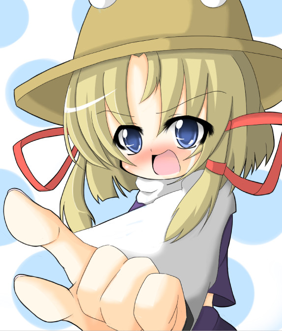 mo (artist), mori 181, moriya suwako, touhou, 1girl, blonde hair, child, female focus, hat, ribbon, solo, standing