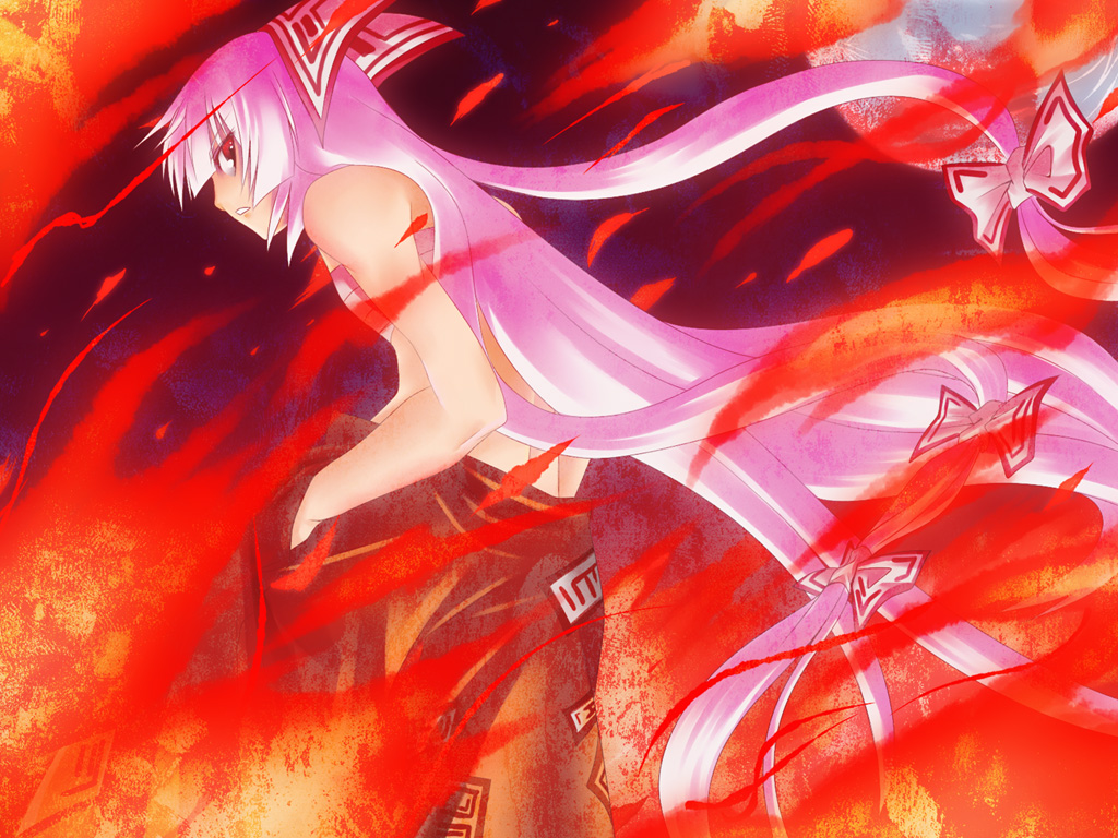 kuon yashiro, sha (pixiv), fujiwara no mokou, touhou, silver hair, 1girl, female focus, fire, long hair, ribbon, sarashi, solo