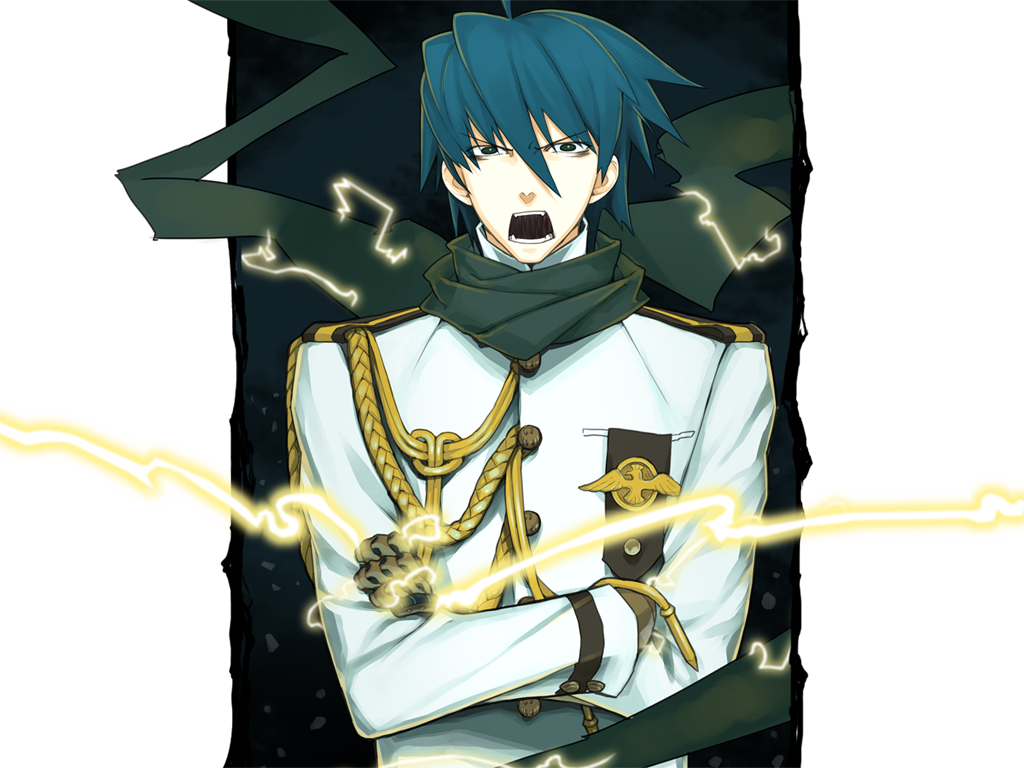 kome (vm500), ourai no gahkthun, steampunk (liarsoft), game cg, non-web source, official art, third-party source, 1boy, aiguillette, blue hair, crossed arms, electricity, gloves, green eyes, lightning, male focus, military, military uniform, nikola tesla (ourai no gahkthun), open mouth, scarf, solo