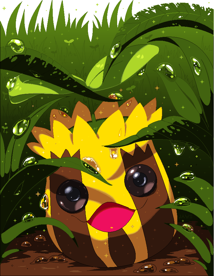 willow-pendragon, sunkern, nintendo, pokemon, dew drop, dirt, gen 2 pokemon, grass, looking at viewer, no humans, open mouth, pokemon (creature), solo, water drop
