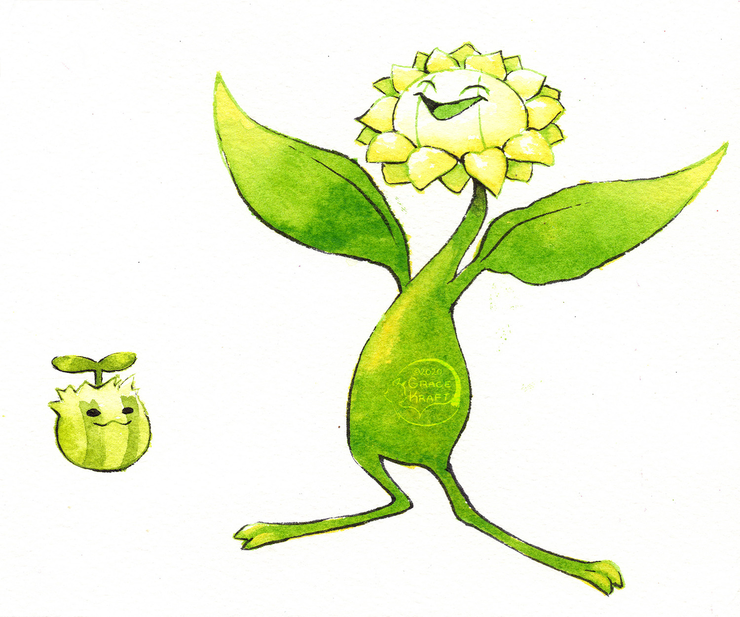 grace kraft, sunflora, sunkern, nintendo, pokemon, highres, painting (medium), traditional media, watercolor (medium), alternate color, artist name, closed eyes, evolutionary line, gen 2 pokemon, no humans, open mouth, pokemon (creature), simple background, watermark, white background