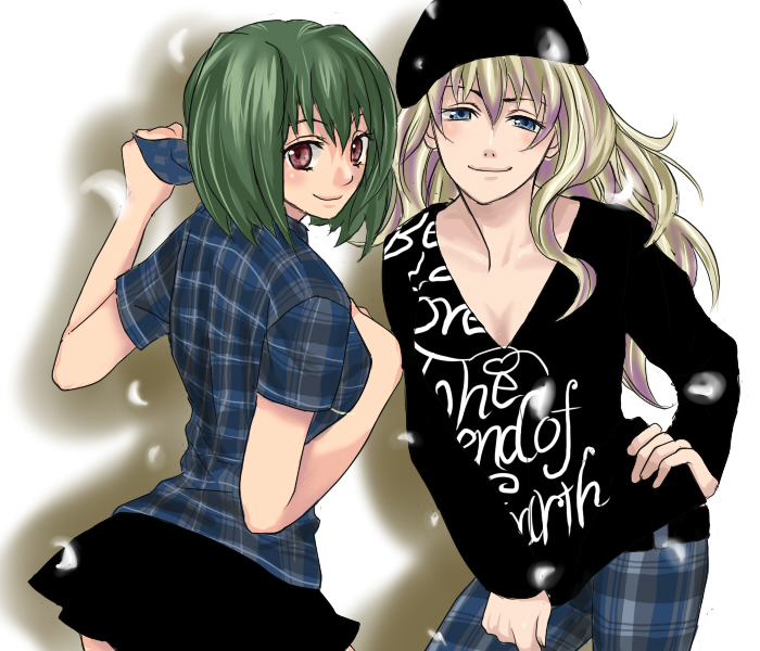 fujiwara ryo (wsise47), ranka lee, sheryl nome, macross, macross frontier, plaid, bad id, bad pixiv id, 00s, blonde hair, blue eyes, green hair, hat, long hair, petals, red eyes, short hair, skirt, smile