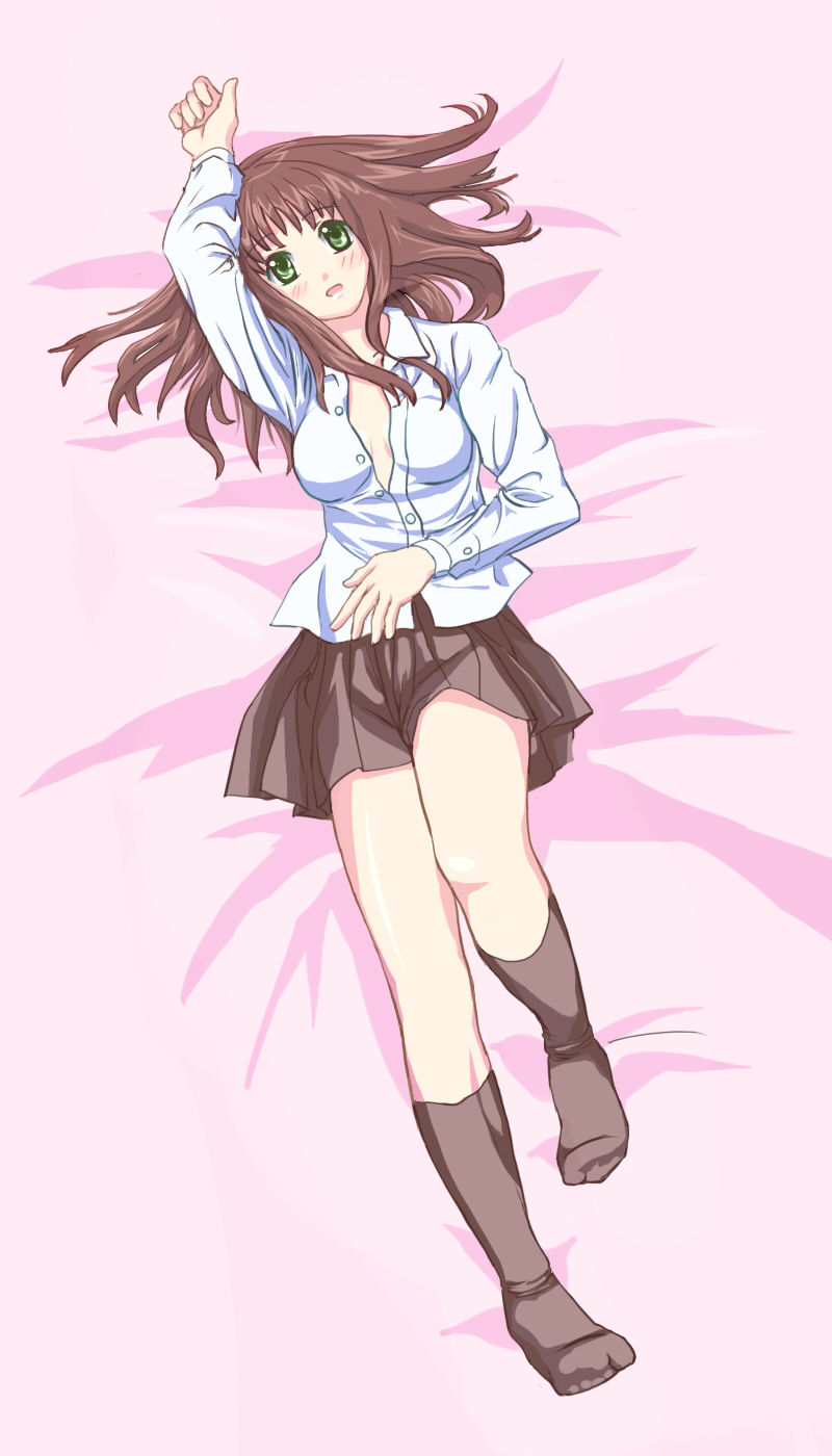 setsuko ohara, banpresto, super robot wars, super robot wars z, super robot wars z1, highres, bed, blush, brown hair, green eyes, lying, no bra, open clothes, open mouth, open shirt, shirt, socks, solo