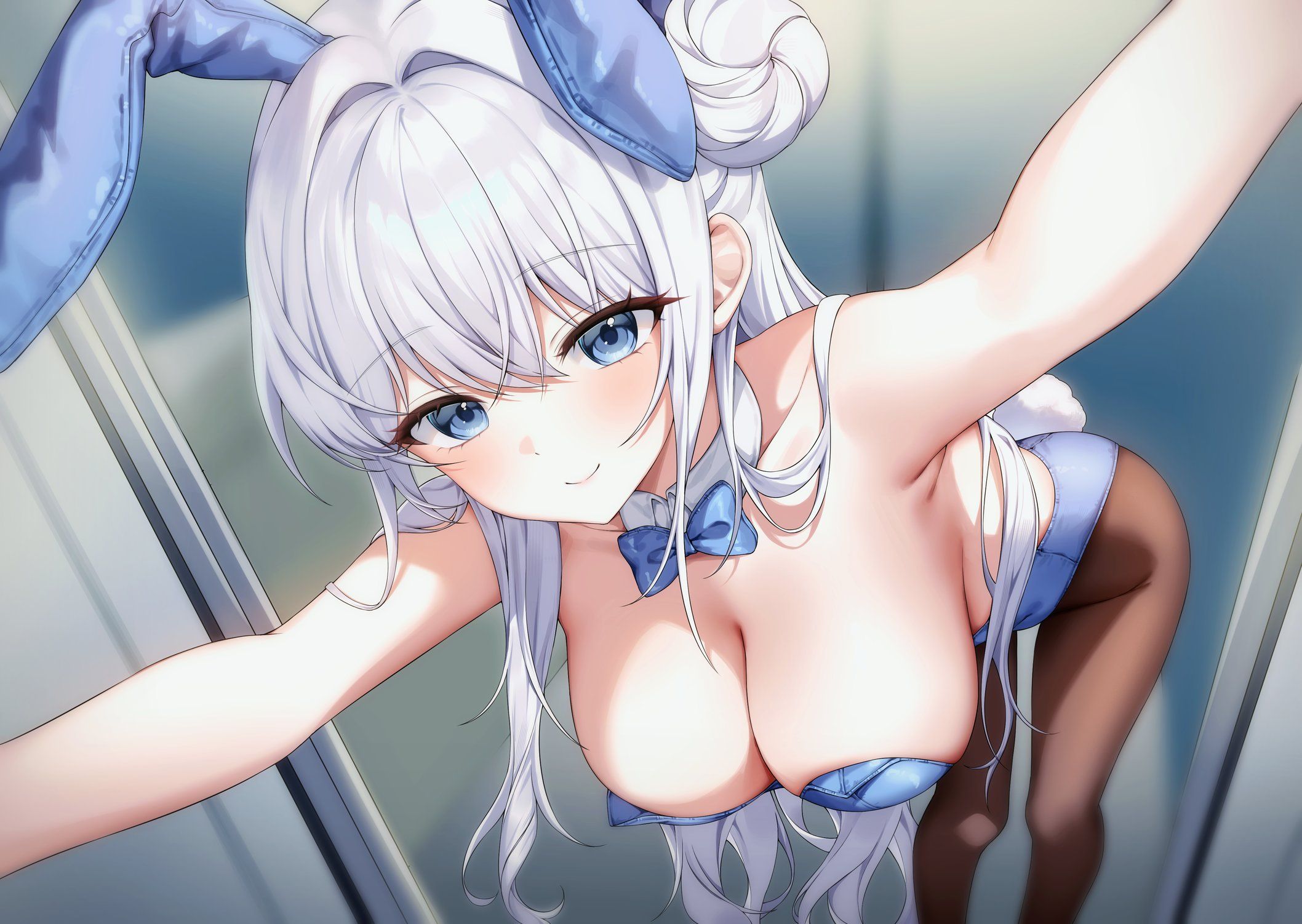 soymilk arts2, original, commission, highres, second-party source, 1girl, animal ears, armpits, bare arms, bare shoulders, bent over, blue eyes, blue leotard, blurry, bow, bowtie, breasts, brown pantyhose, cleavage, closed mouth, depth of field, detached collar, downblouse, fake animal ears, fake tail, hair bun, harin (byeolbich), large breasts, leotard, long hair, looking at viewer, outstretched arms, pantyhose, playboy bunny, rabbit ears, rabbit tail, single side bun, smile, solo, standing, strapless, strapless leotard, tail, very long hair, white hair