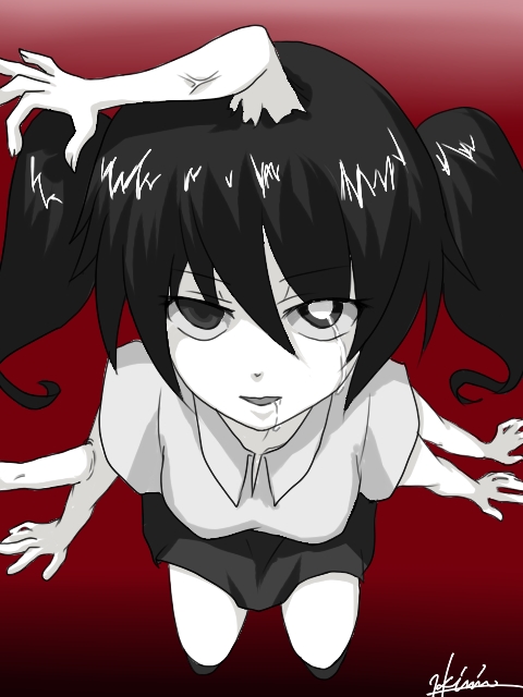 kouri miki, monoko, yume nikki, 1girl, breasts, extra arms, female focus, gradient background, monochrome, multi limb, open mouth, saliva, signature, skirt, solo, twintails