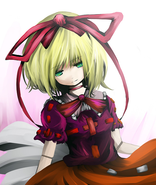 wasabi karasi, wasabi karasi (pixiv), medicine melancholy, touhou, 1girl, blonde hair, doll joints, female focus, green eyes, joints, light smile, ribbon, short hair, smile, solo