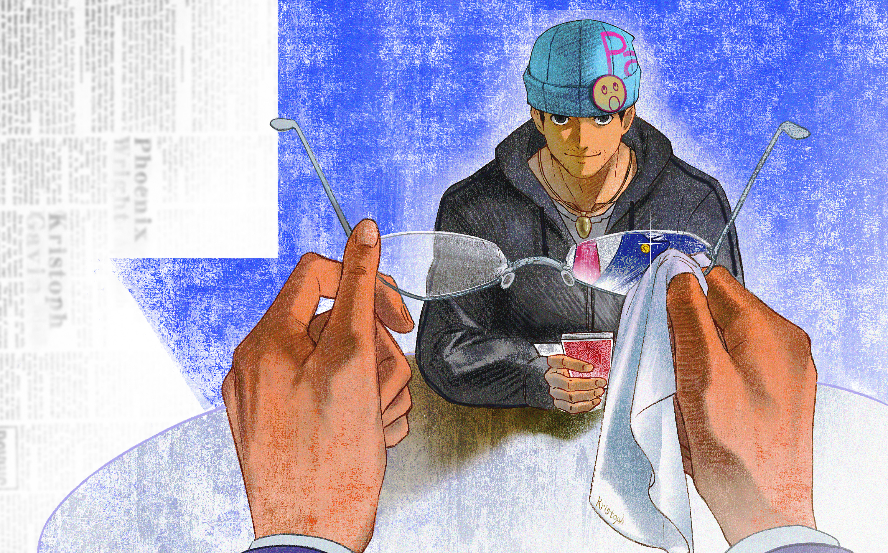 sio2 (whynotkarma), kristoph gavin, phoenix wright, ace attorney, apollo justice: ace attorney, highres, 2boys, article, badge, beanie, black eyes, black hair, black jacket, button badge, card, cleaning eyewear, closed mouth, cup, dark-skinned male, dark skin, drinking straw, formal clothes, glasses, hat, holding, holding removed eyewear, hood, hood down, hooded jacket, hoodie, jacket, jewelry, locket, long sleeves, looking at viewer, male focus, multiple boys, napkin, necklace, necktie, pendant, playing card, poker, pov, pov hands, reflection, shirt, short hair, smile, suit, table, unworn eyewear