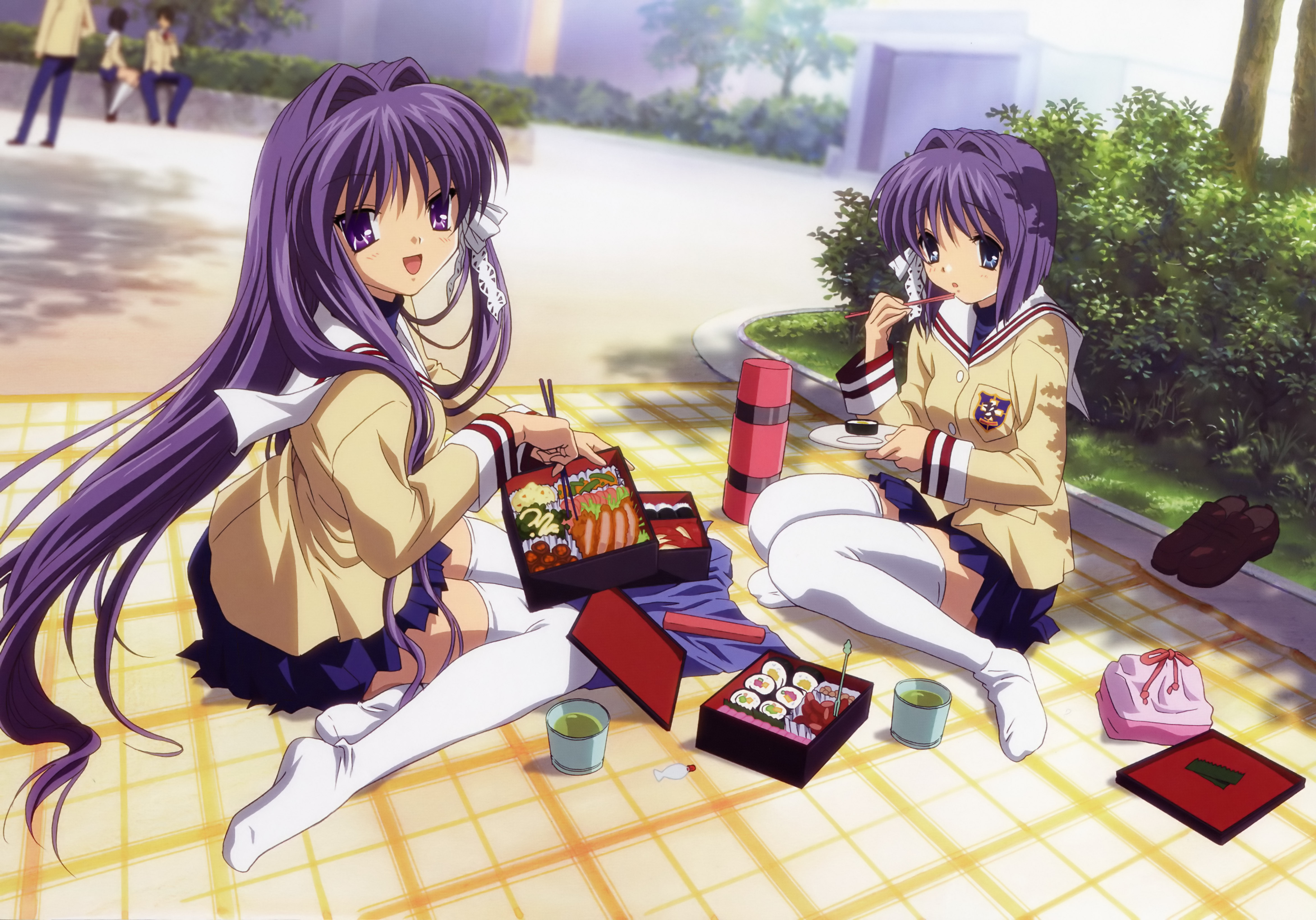 fujibayashi kyou, fujibayashi ryou, clannad, absurdres, highres, non-web source, official art, 00s, 2girls, barefoot, bento, blue eyes, long hair, multiple girls, no shoes, picnic, purple eyes, purple hair, school uniform, serafuku, short hair, siblings, sisters, socks, thighhighs, twins, very long hair, white thighhighs