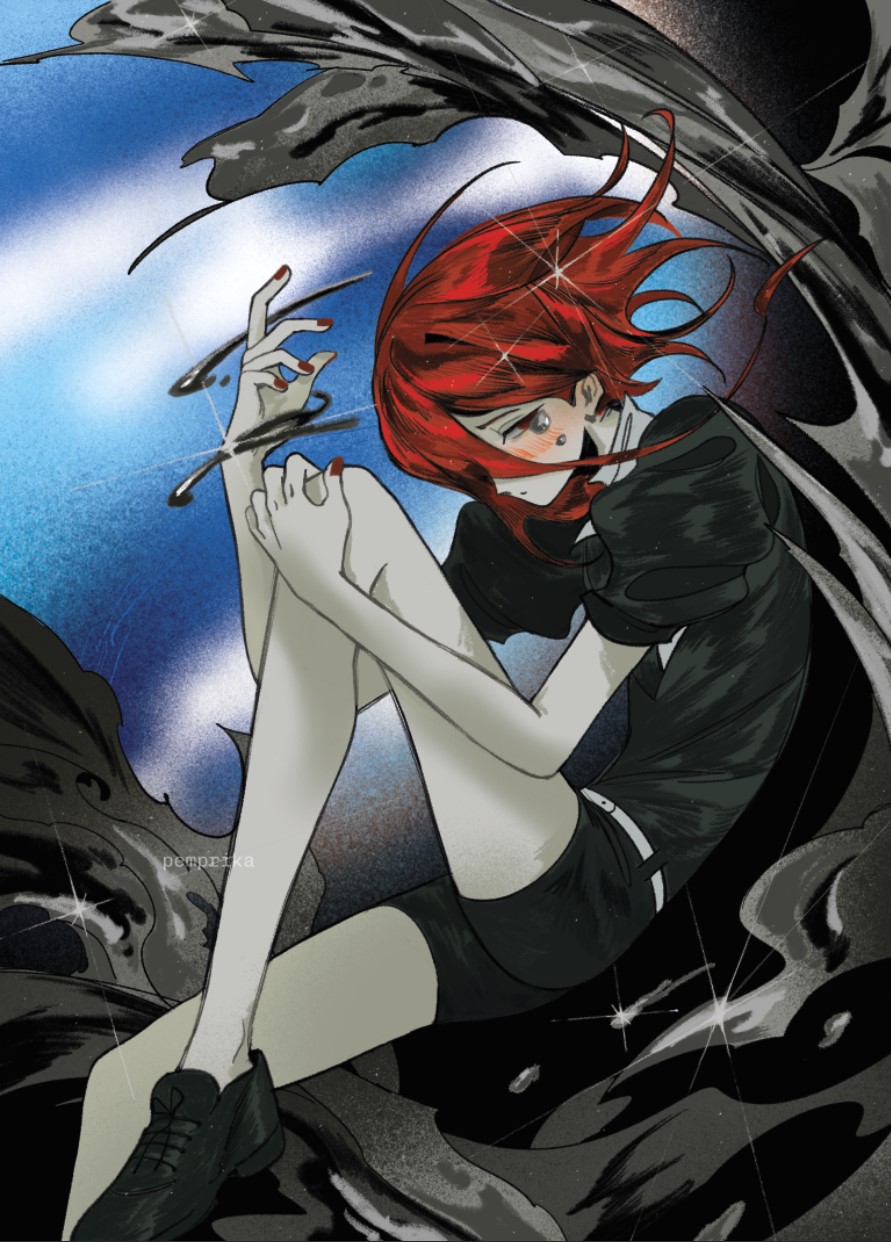 pemprika, houseki no kuni, commentary, english commentary, highres, 1other, belt, crying, earrings, full body, gem uniform (houseki no kuni), hand up, jewelry, knee up, long hair, looking down, mercury (element), nail polish, red eyes, red hair, short sleeves, shorts, sitting, solo, tears