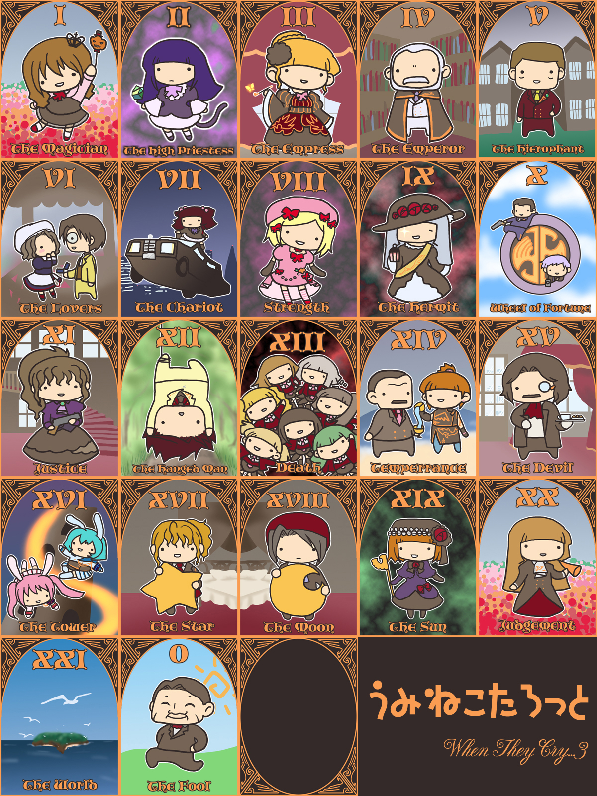 kashiwa kiseri, asmodeus (umineko), beatrice (umineko), beelzebub (umineko), belphegor (umineko), chiester410, chiester45, chiester sisters, eva beatrice, frederica bernkastel, gouda toshirou, kanon (umineko), lambdadelta, leviathan (umineko), lucifer (umineko), mammon (umineko), ronove (umineko), satan (umineko), shannon (umineko), stakes of purgatory, ushiromiya ange, ushiromiya battler, ushiromiya eva, ushiromiya george, ushiromiya hideyoshi, ushiromiya jessica, ushiromiya kinzou, ushiromiya krauss, ushiromiya maria, ushiromiya natsuhi, ushiromiya rosa, virgilia (umineko), umineko no naku koro ni, silver hair, highres, 00s, 6+boys, 6+girls, :d, animal ears, black hair, blonde hair, blue hair, bow, brown hair, card (medium), chibi, death (tarot), dress, everyone, formal clothes, green hair, hair bobbles, hair ornament, hat, jacket, judgement (tarot), justice (tarot), long hair, monocle, multiple boys, multiple girls, necktie, open mouth, orange hair, pink hair, red hair, short hair, skirt, smile, socks, strength (tarot), suit, tail, tarot, tarot (medium), tarot set, temperance (tarot), the chariot (tarot), the emperor (tarot), the empress (tarot), the fool (tarot), the hanged man (tarot), the hermit (tarot), the hierophant (tarot), the high priestess (tarot), the lovers (tarot), the magician (tarot), the moon (tarot), the star (tarot), the sun (tarot), the tower (tarot), the world (tarot), wheel of fortune (tarot), wide face