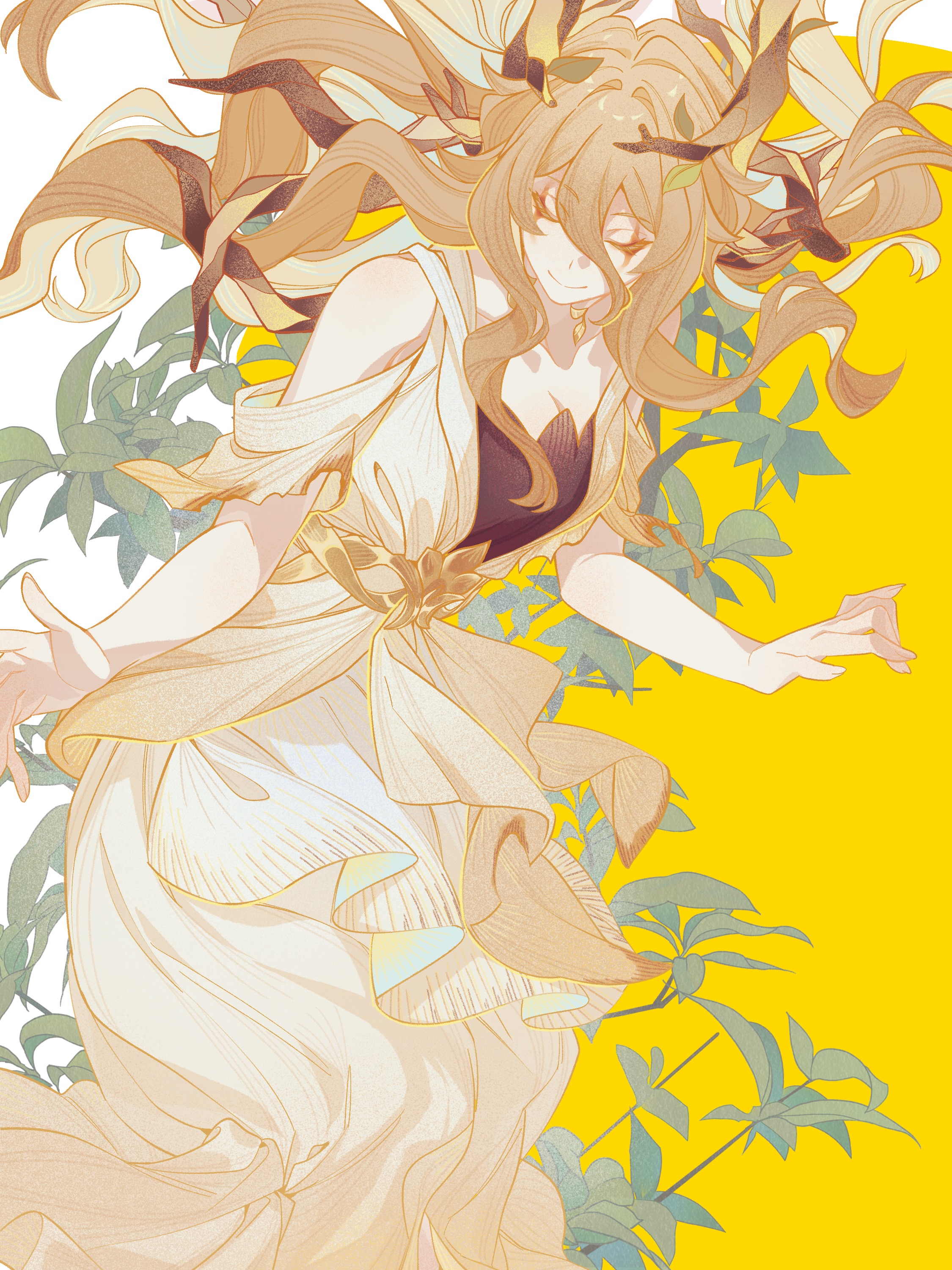 rongyuan gulu, calypso (honkai: star rail), honkai: star rail, honkai (series), absurdres, chinese commentary, commentary request, highres, 1girl, bare shoulders, black shirt, brown eyeshadow, brown hair, closed eyes, closed mouth, clothing cutout, dress, eyeshadow, facing viewer, hair between eyes, leaf, long hair, makeup, shirt, short sleeves, shoulder cutout, smile, solo, tree horns, two-tone background, white background, white dress, yellow background