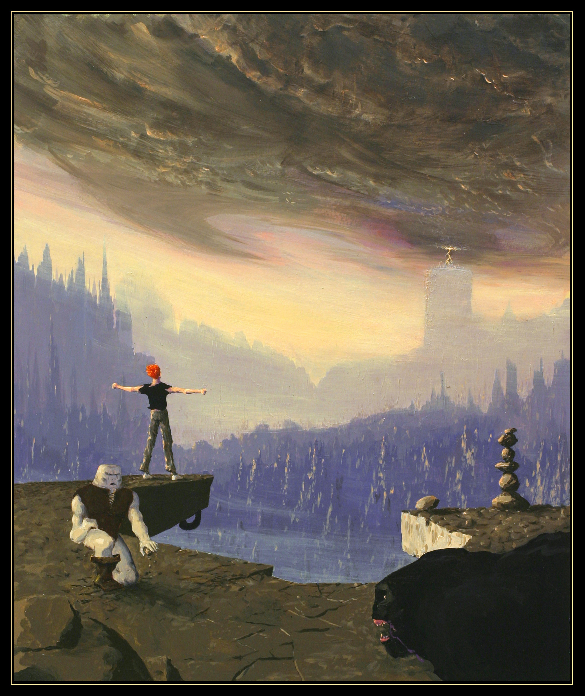 eric chahi, buddy (another world), lester knight chaykin, another world, delphine software, absurdres, highres, non-web source, official art, promotional art, traditional media, 1990s (style), 2boys, alien, boots, box art, cliff, cloud, epic, fangs, kneeling, lightning, monster, mountain, multiple boys, orange hair, outstretched arms, realistic, retro artstyle, rock, scenery, science fiction, wind