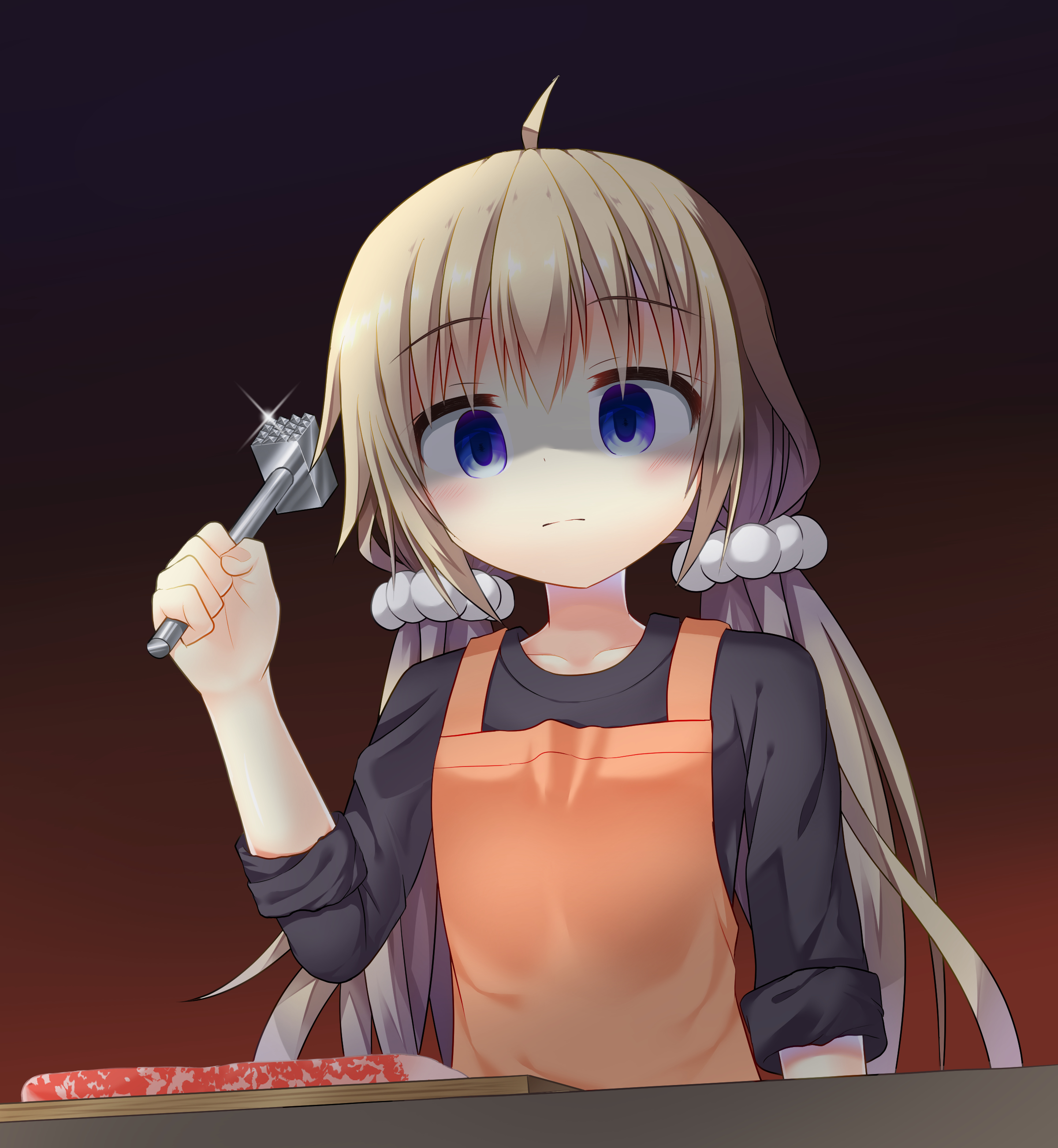 getsuyoshi, itsumura haruka, re:stage!, absurdres, commentary, highres, 1girl, ahoge, apron, black background, black shirt, blonde hair, blue eyes, blush, closed mouth, collarbone, cutting board, dot nose, empty eyes, food, glint, gradient background, hair ornament, hair scrunchie, holding, long hair, looking at viewer, meat, meat tenderizer, orange apron, red background, scrunchie, shaded face, shirt, sleeves rolled up, solo, twintails, white scrunchie
