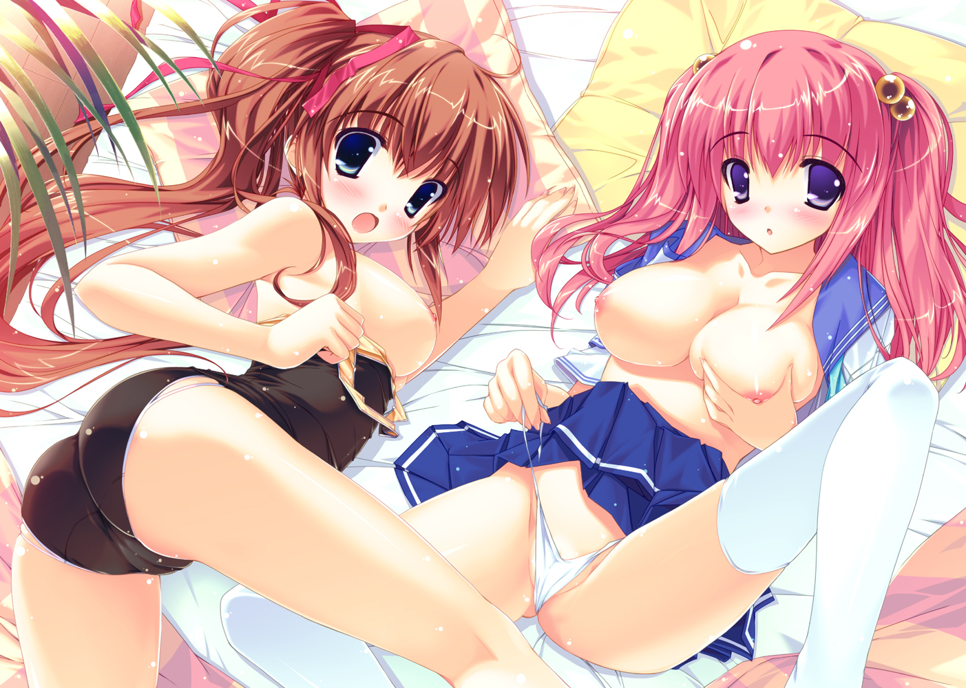 amane soh, yuki usagi, himemiya arisu, momose mio, pastel (game), 2girls, ass, black one-piece swimsuit, blue eyes, blush, breasts, brown hair, cameltoe, clothes lift, grabbing another's breast, groping, long hair, multiple girls, nipples, one-piece swimsuit, panties, panty pull, pink hair, ponytail, purple eyes, school swimsuit, school uniform, serafuku, side-tie panties, skirt, skirt lift, spread legs, swimsuit, thighhighs, underwear