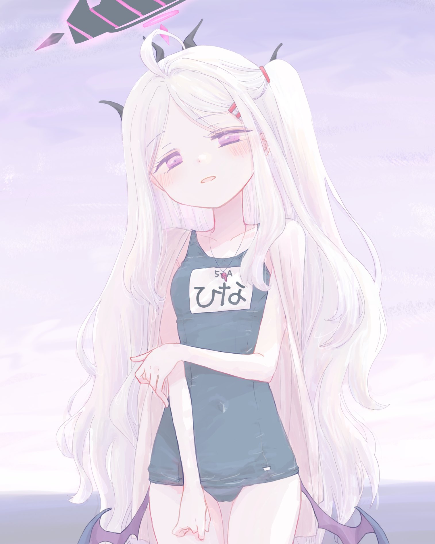 takahisayuki, hina (blue archive), hina (swimsuit) (blue archive), blue archive, highres, 1girl, ahoge, black halo, breasts, demon girl, demon horns, demon wings, halo, horns, long hair, looking at viewer, low wings, ocean, old school swimsuit, outdoors, purple eyes, school swimsuit, small breasts, solo, standing, swimsuit, very long hair, white hair, wings