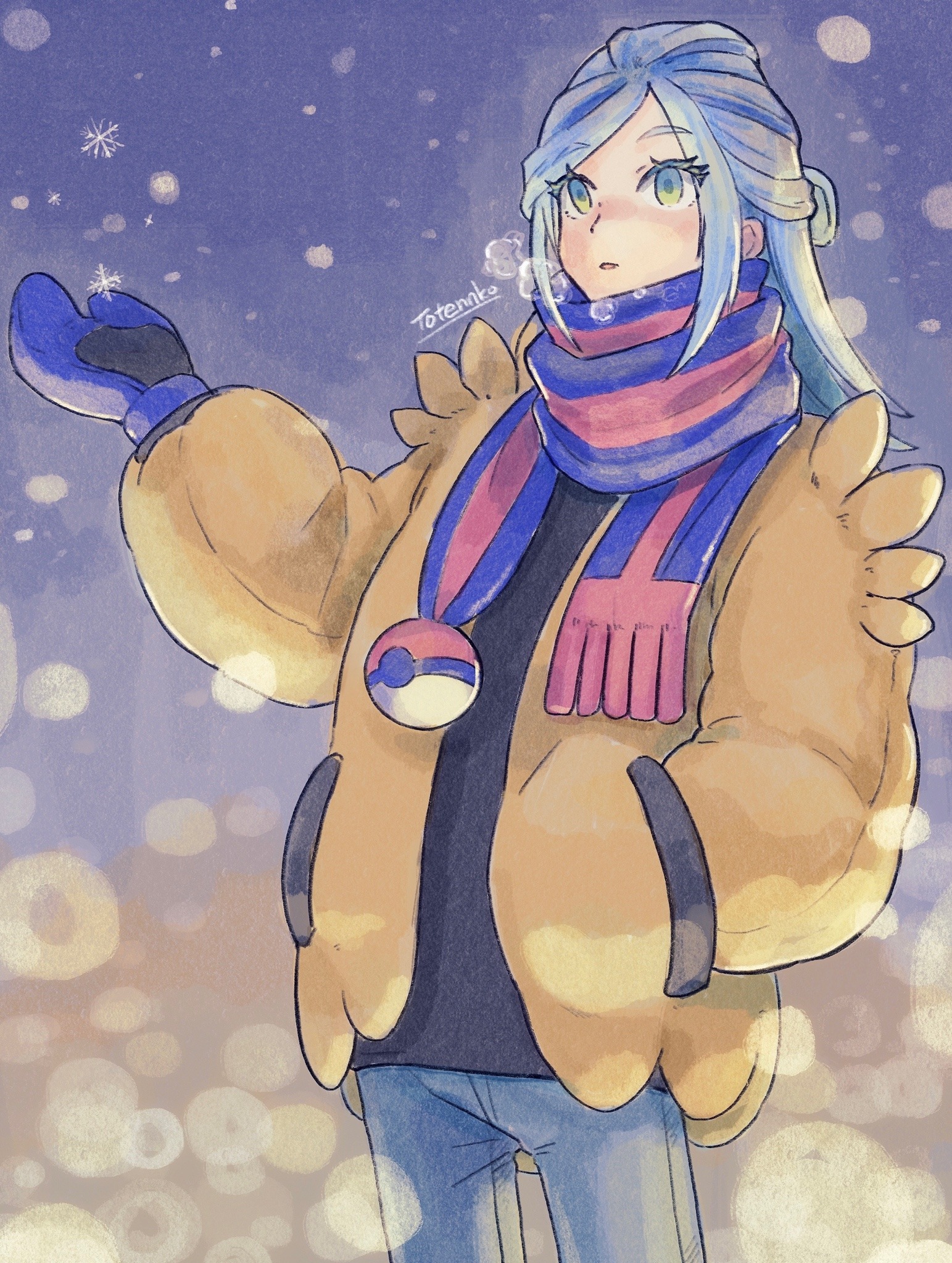 totennko, grusha (pokemon), nintendo, pokemon, pokemon sv, highres, 1boy, artist name, blue eyes, blue hair, blue mittens, blue pants, blue scarf, brown jacket, hand in pocket, jacket, long hair, mittens, outdoors, pants, red scarf, scarf, snowing, solo, trap, two-tone scarf